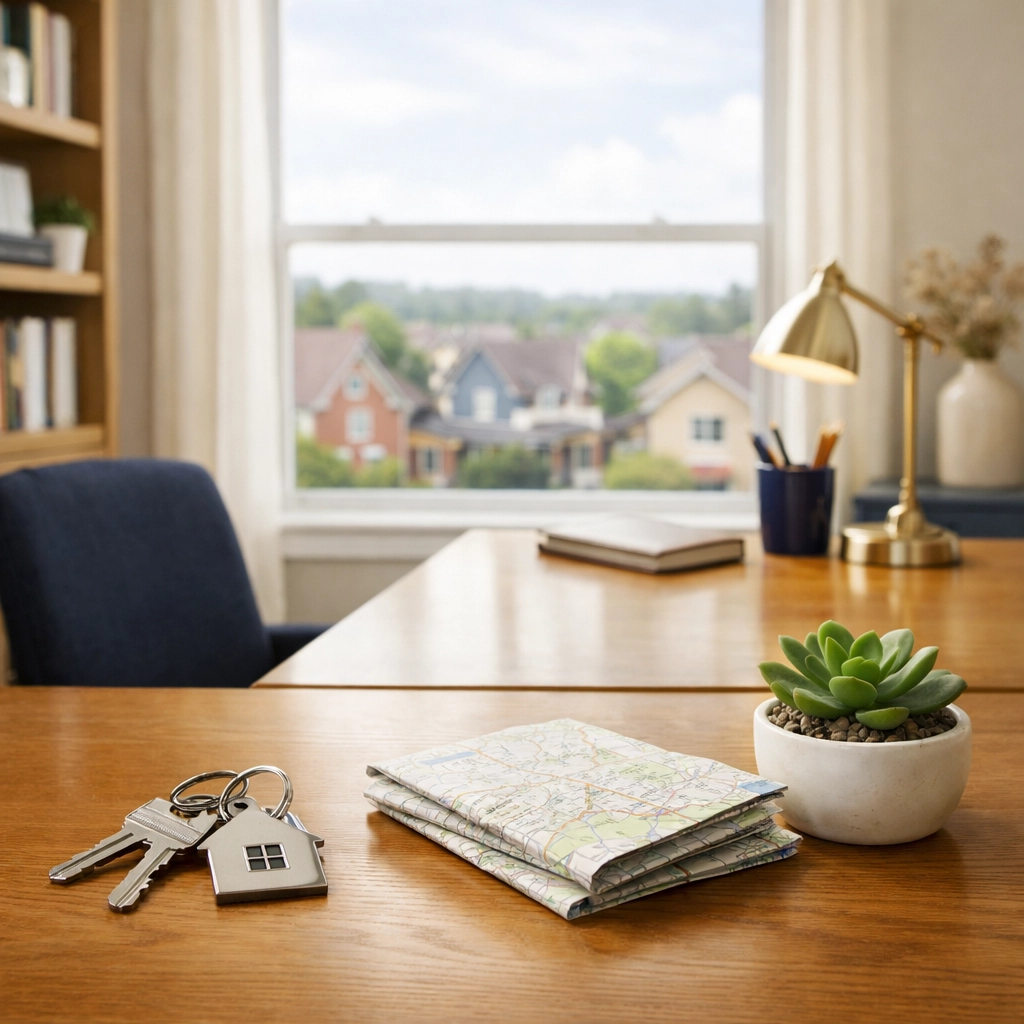 House keys on a desk overlooking a Bloomington neighborhood, symbolizing property division clarity.