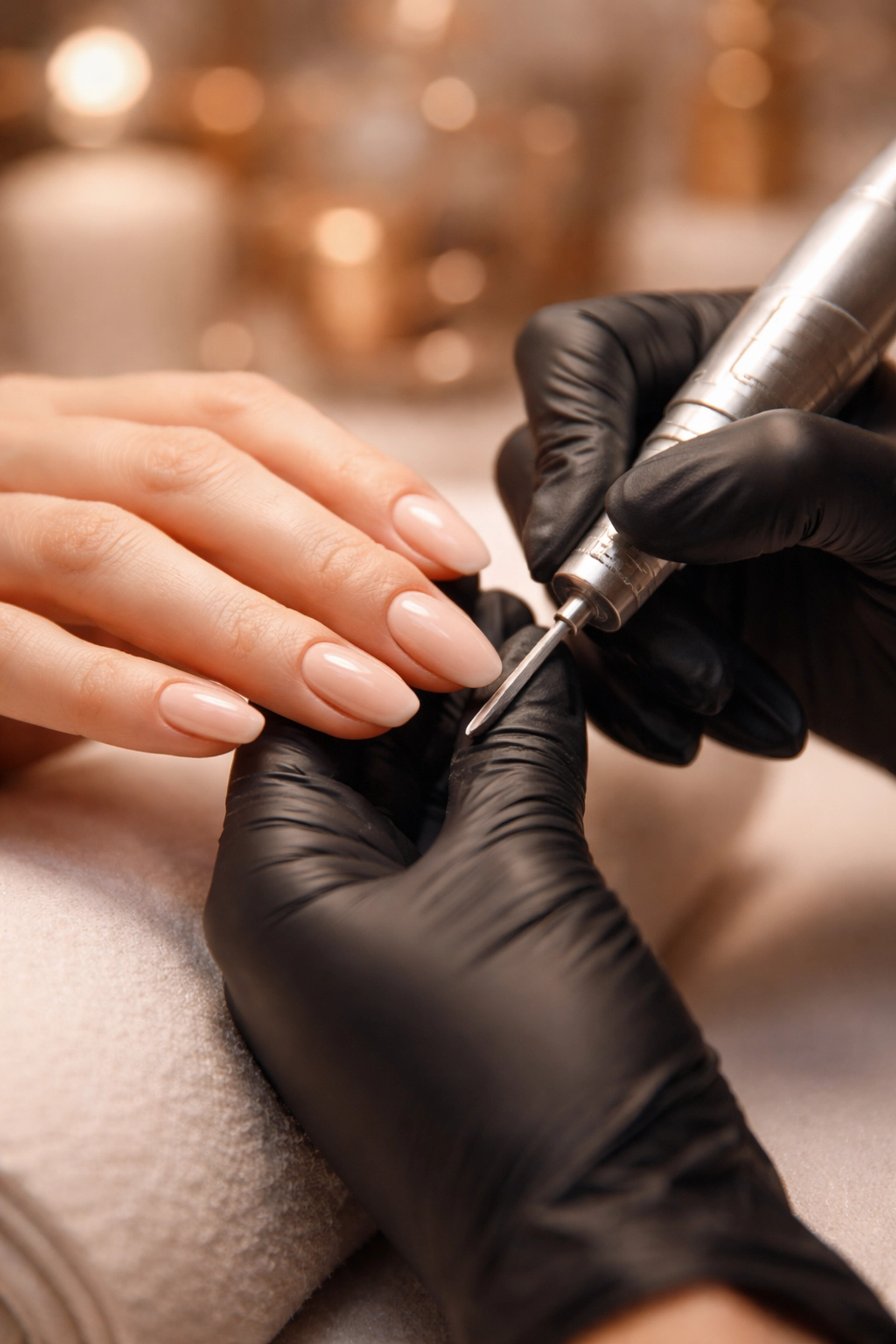 Close-up of a nail technician performing a dry Russian manicure on natural nails in a luxury salon near Norwood, MA.