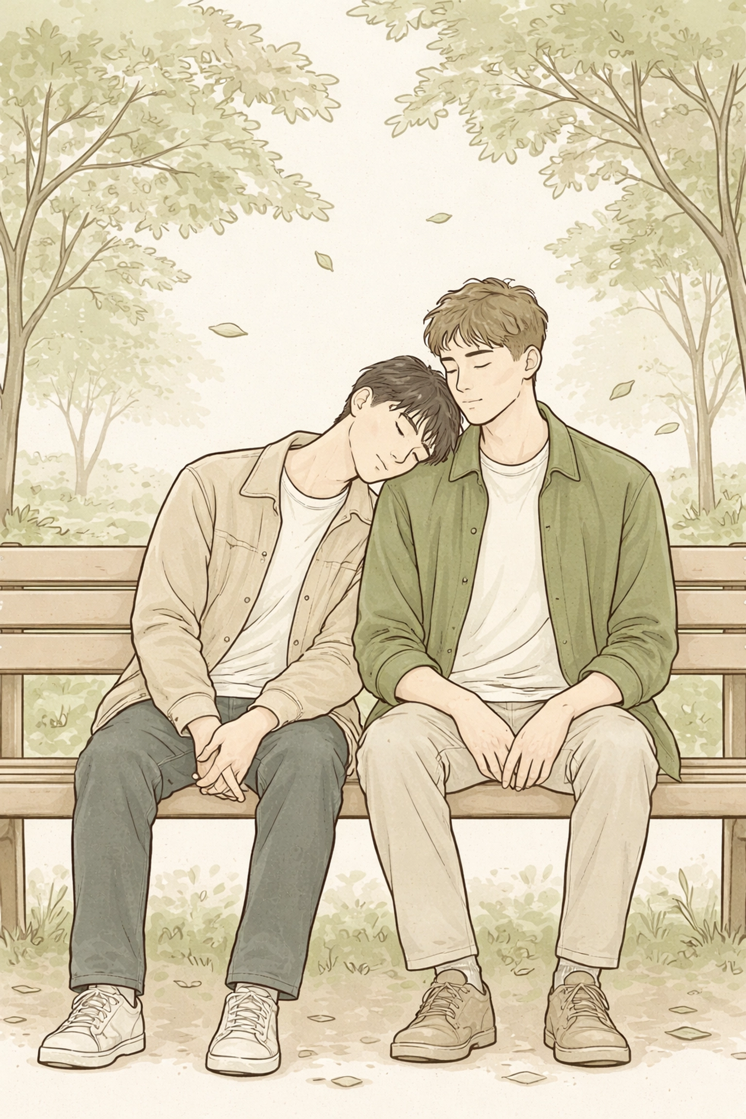 Two men sitting close on a park bench in autumn, symbolizing authentic bisexual romance and commitment