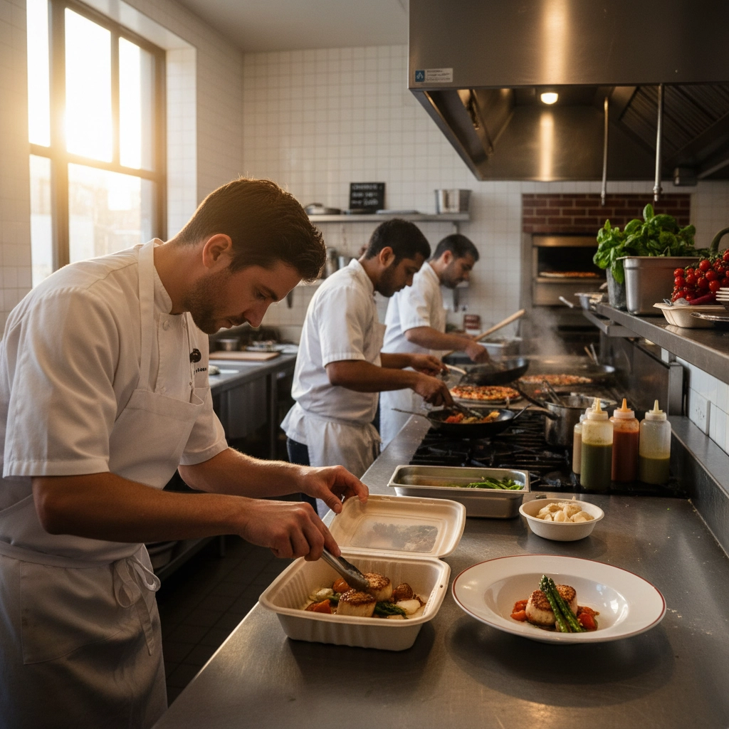 Curbside pickup station with organized to-go packaging and clear labeling
