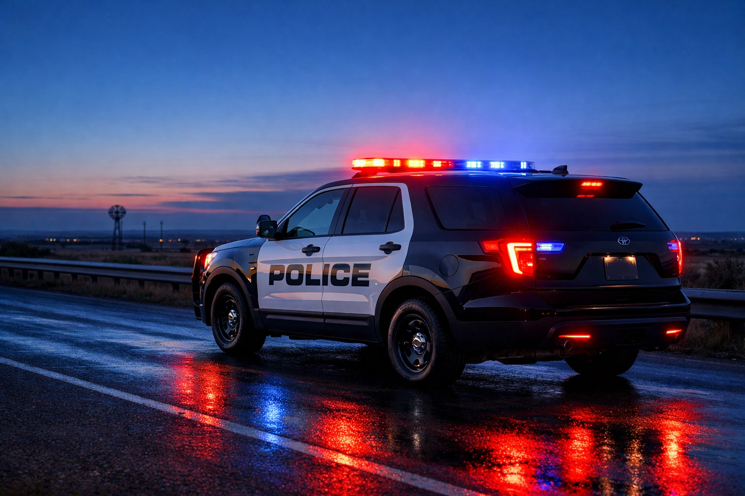 High-visibility police patrol SUV with active emergency lightbar during roadside public safety operations.