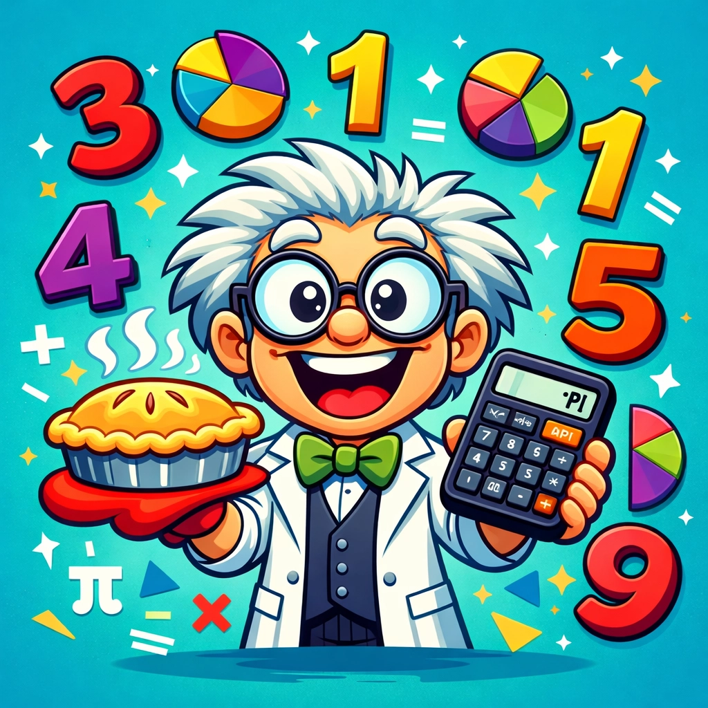 Cartoon mathematician holding pie and calculator with pi digits - funny Pi Day shirt inspiration