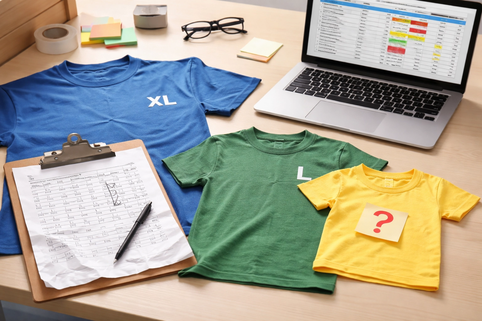 Disorganized apparel order with crumpled form, laptop, and mismatched custom t-shirt sizes on a desk