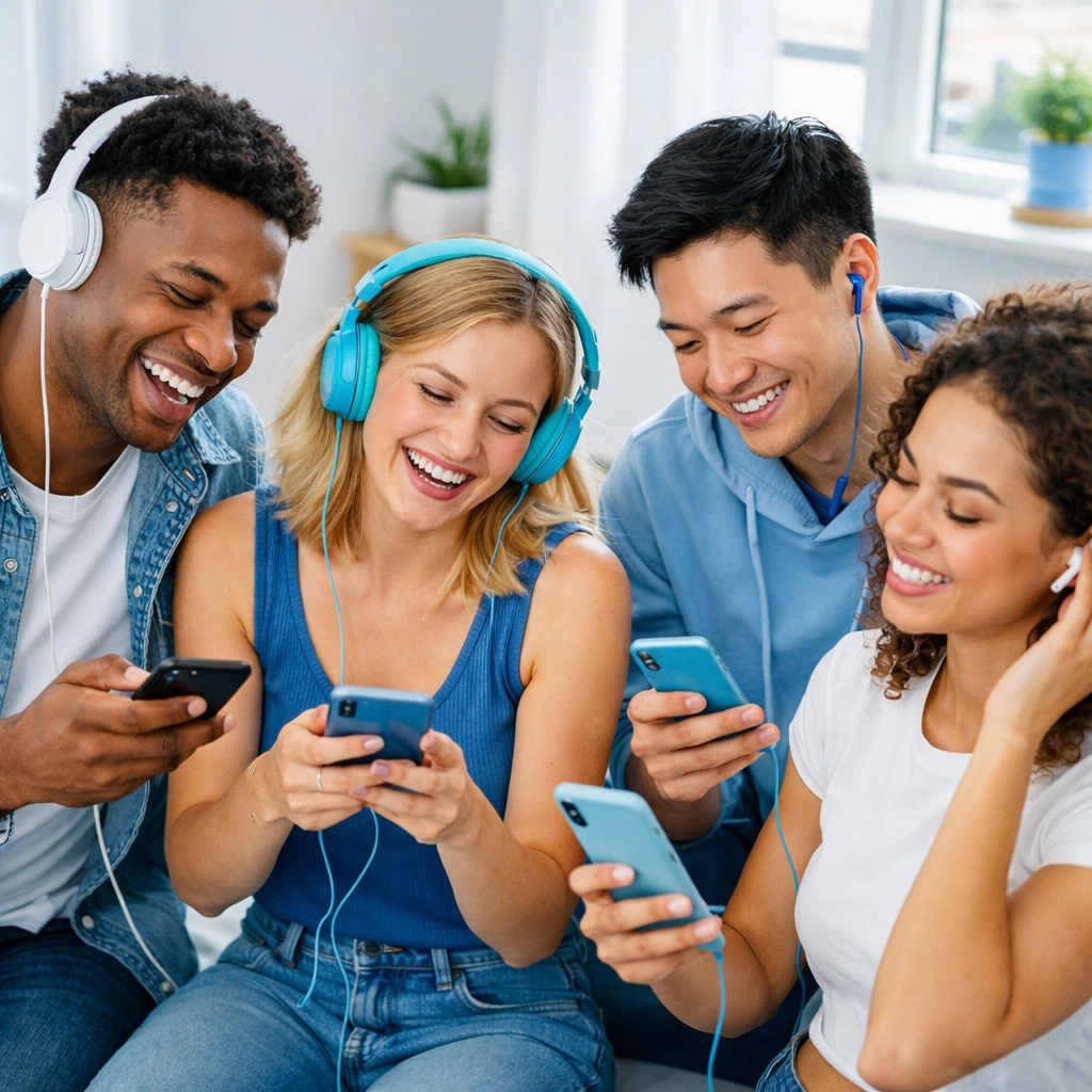 Music fans listening to Spotify with headphones and sharing playlists on smartphones