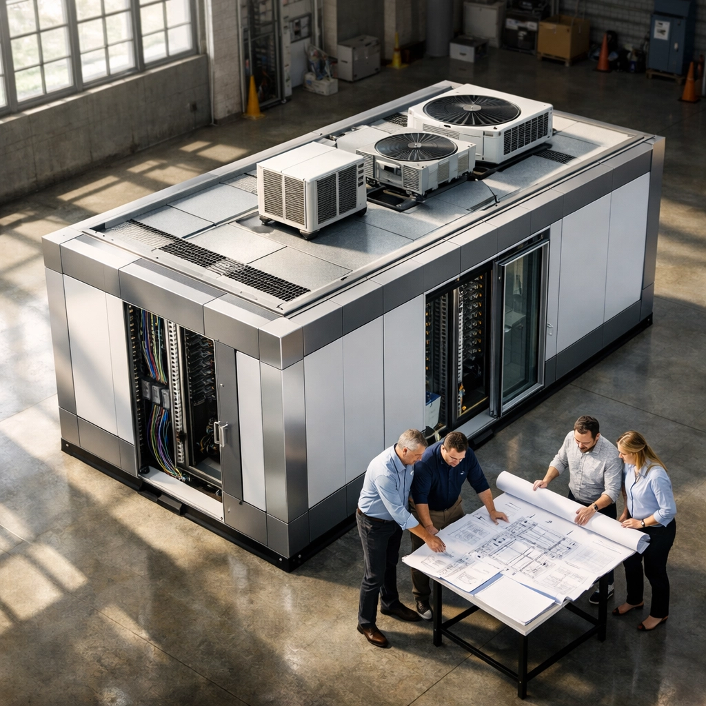 Modular data center pod in warehouse with technical personnel examining infrastructure deployment
