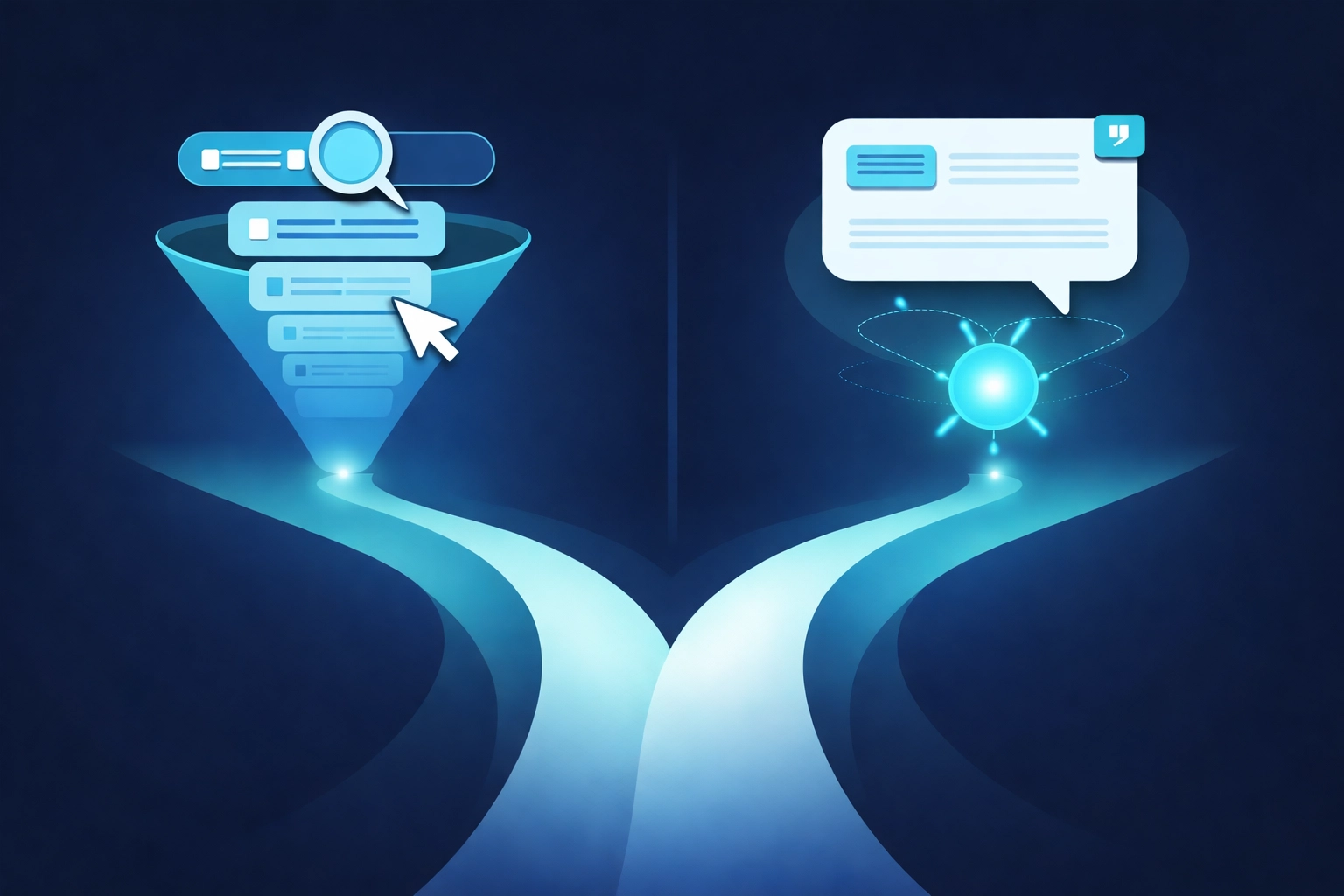 Vector image showing the shift from traditional search rankings to AI citation-focused paths, illustrating generative engine optimization strategies.