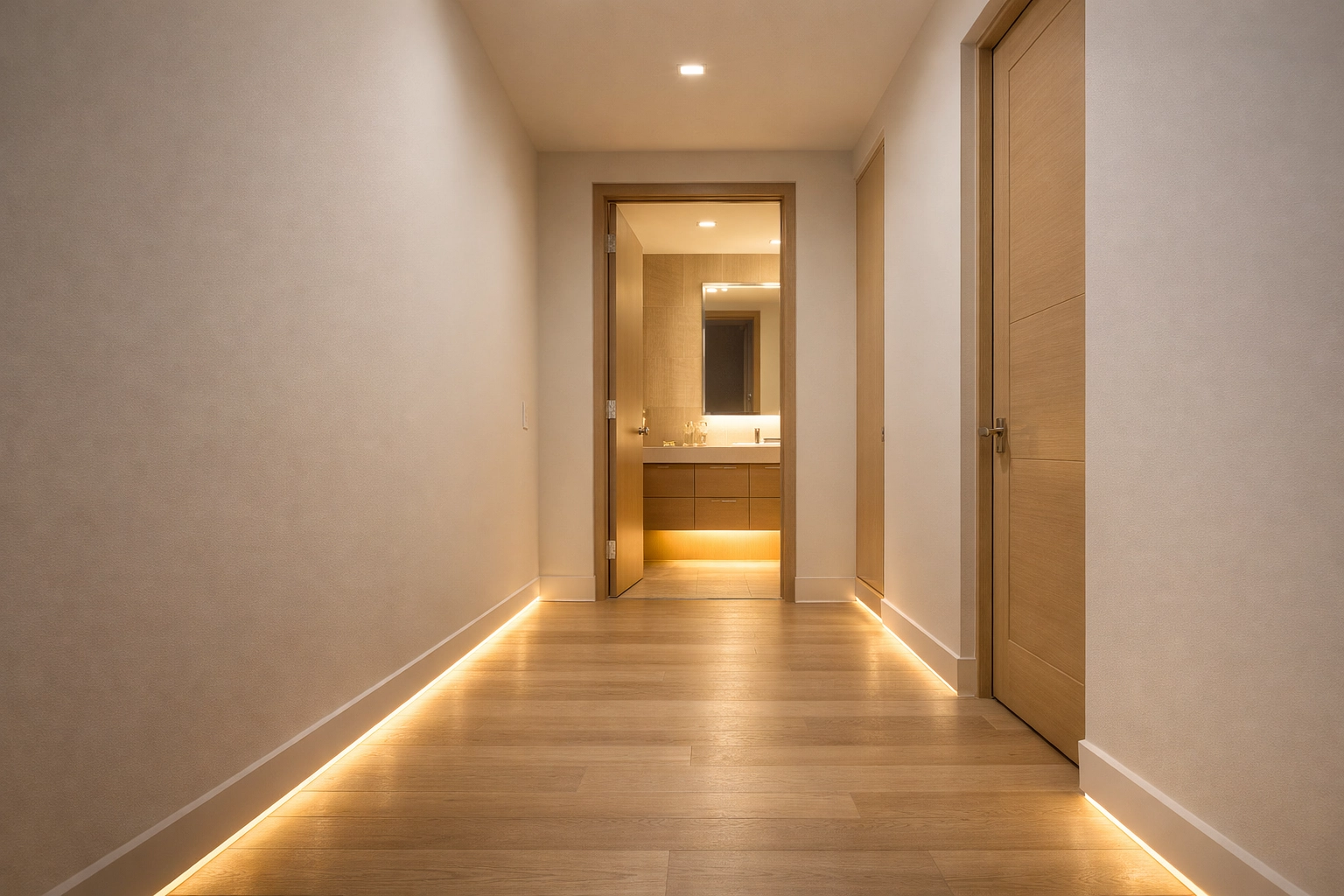 Motion-activated smart hallway lighting and baseboard LEDs providing a soft glow in a Scottsdale home.