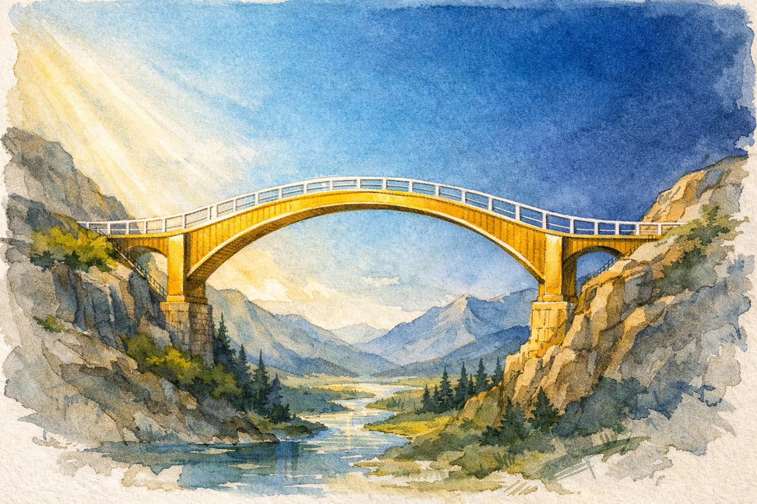 A golden bridge over a valley, representing leadership growth by Dr. Layne McDonald - www.laynemcdonald.com