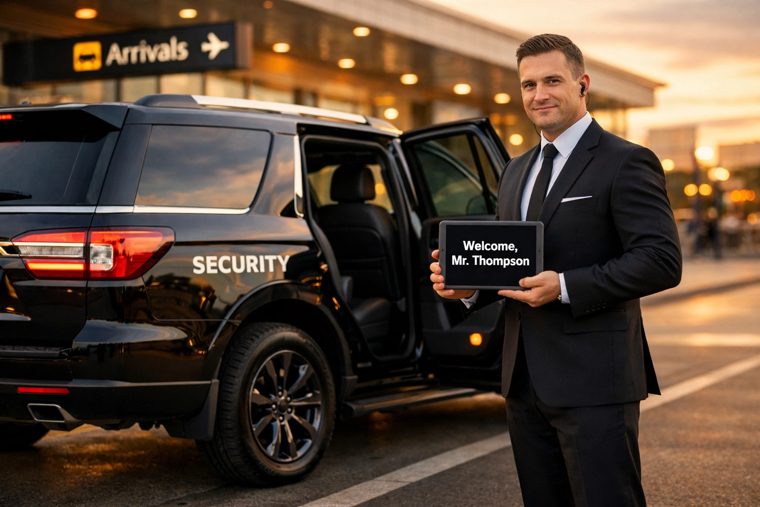 Professional security driver at Medellin airport with premium SUV ready for client pickup
