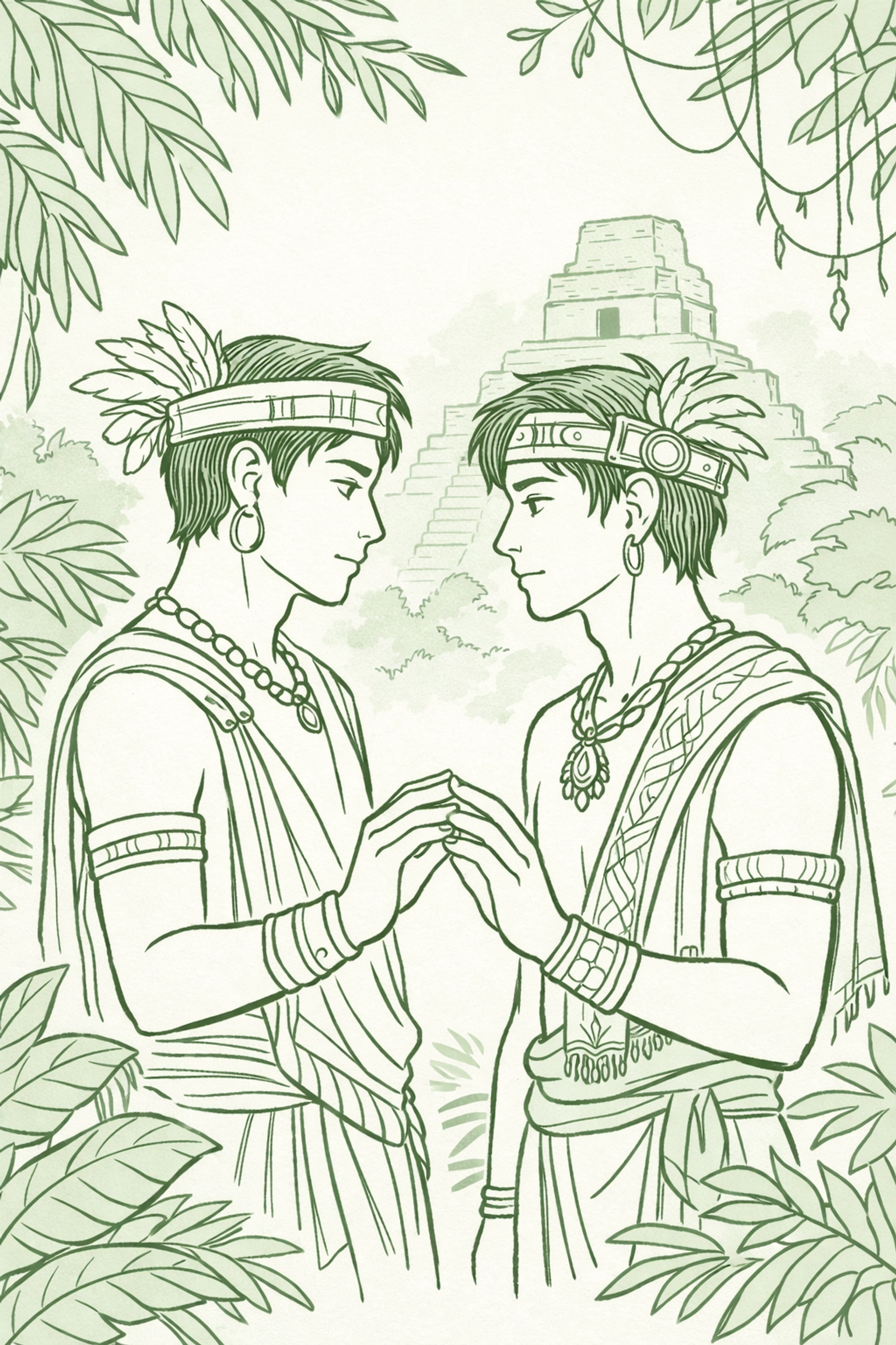 Two Mayan step-brothers in jungle clearing near ancient temple ruins - MM historical romance