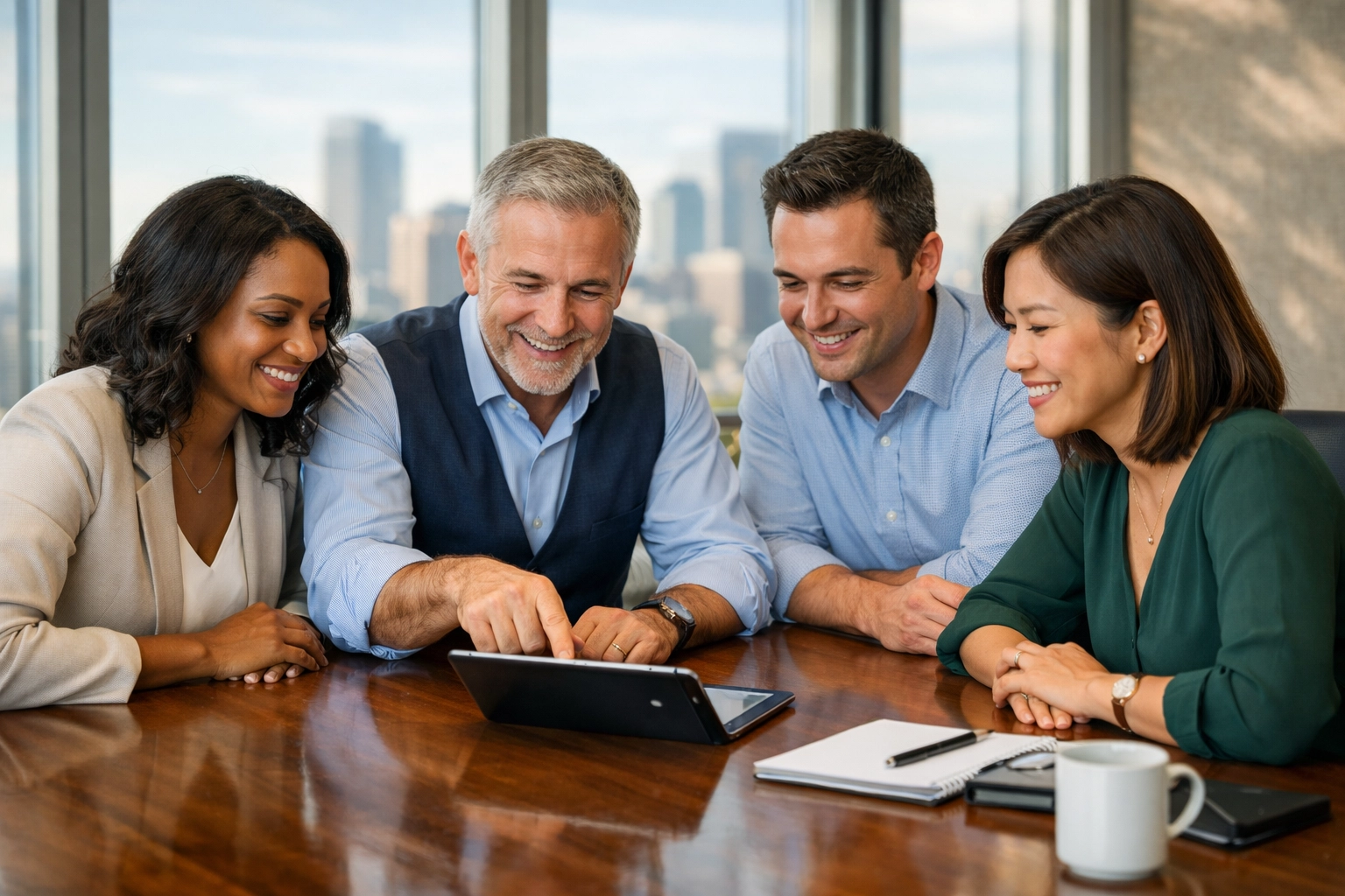 Professional team in a boardroom discussing media results and strategic consulting for large-scale projects.
