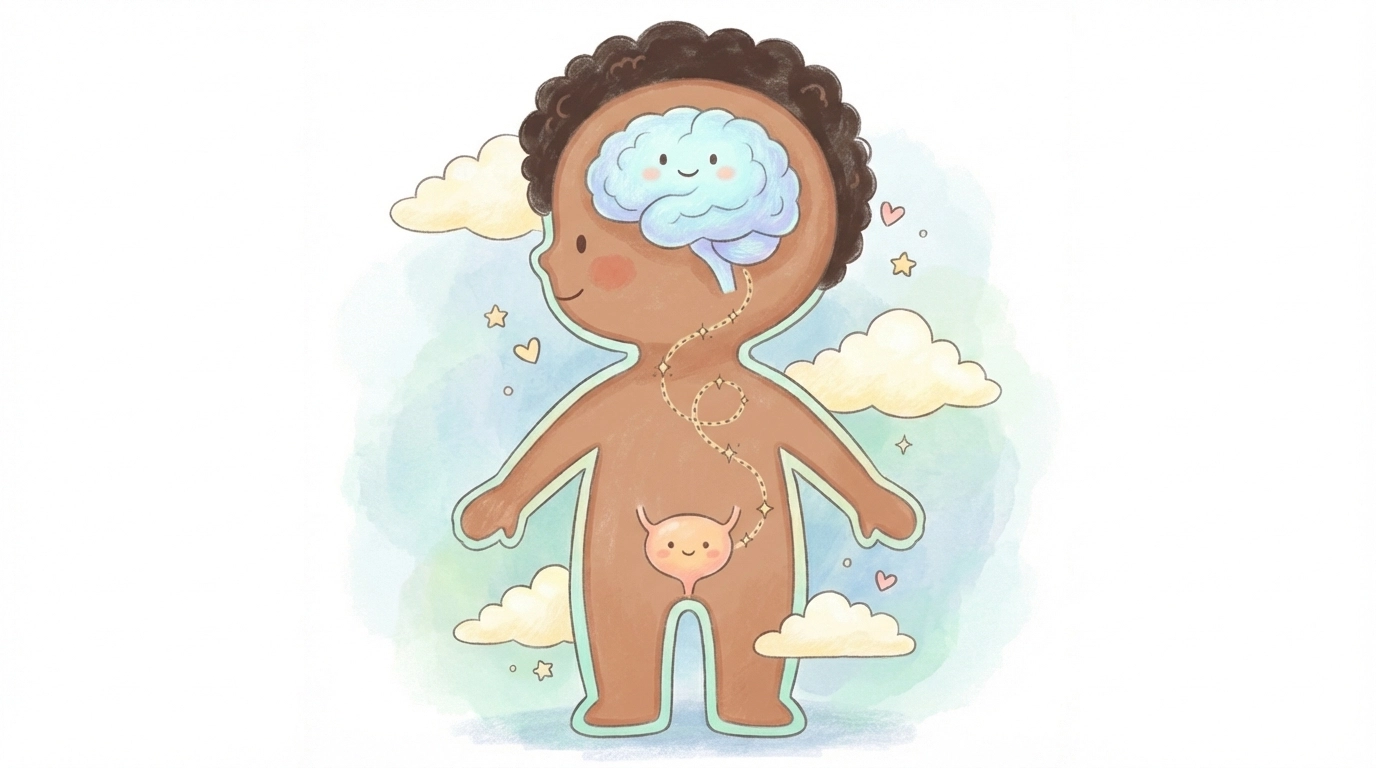 Illustration of a smiling Black child with a visible brain and bladder connection, surrounded by clouds and stars — highlighting the neuro-urological link in pediatric bedwetting.