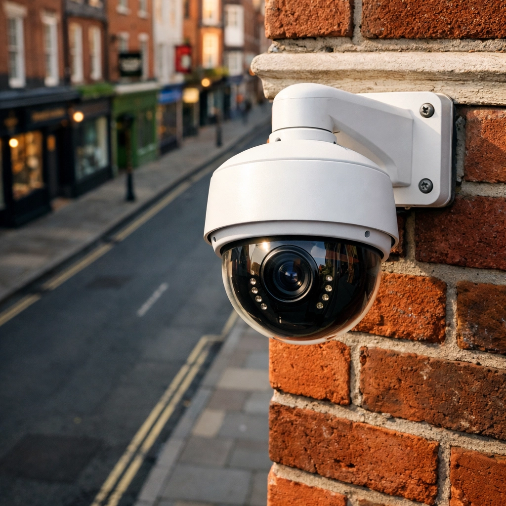 Professional commercial CCTV camera installed on a brick business building in Hereford for security deterrence.