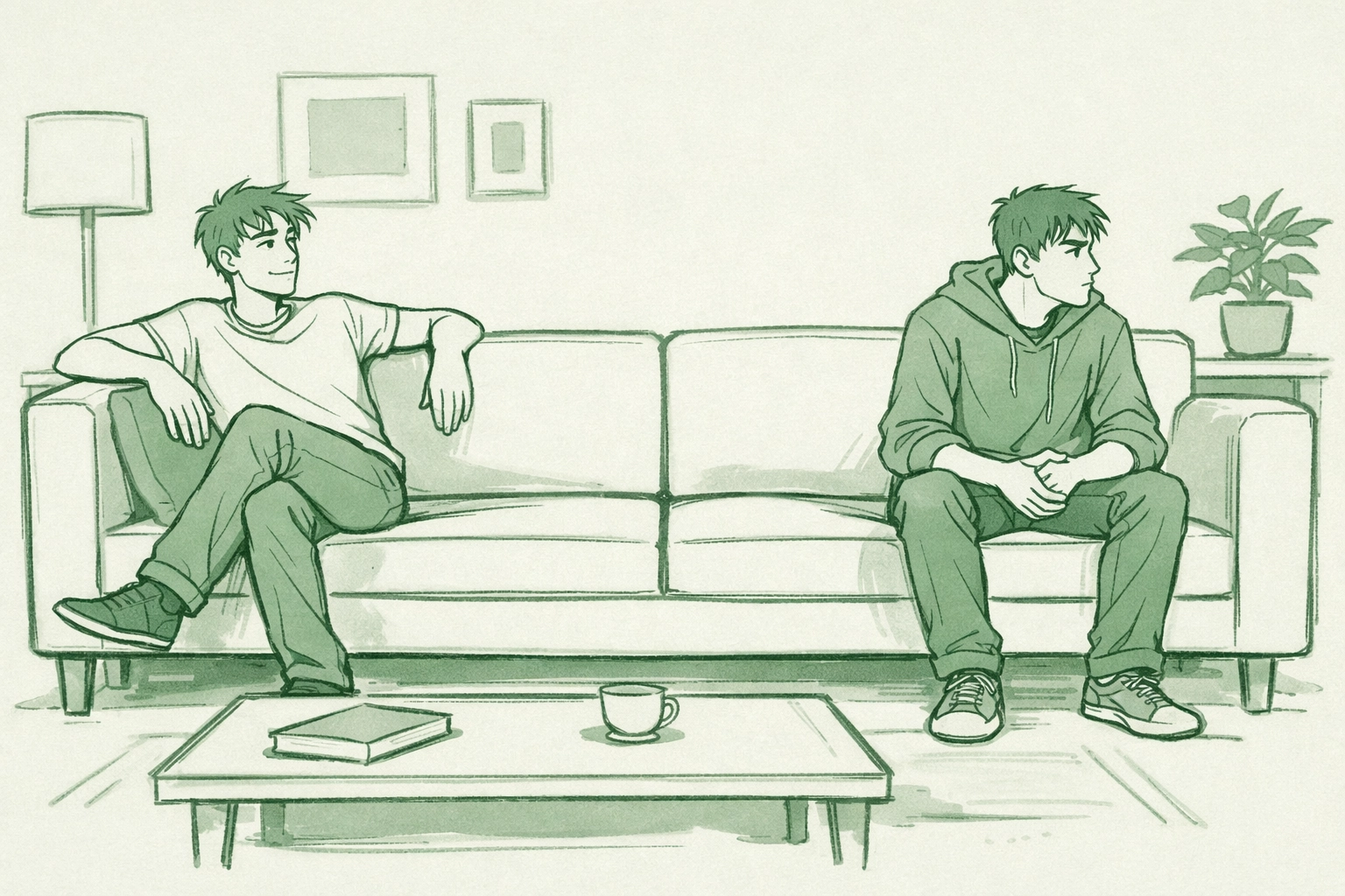 Two step-brothers sit apart on couch showing tension in MM romance story