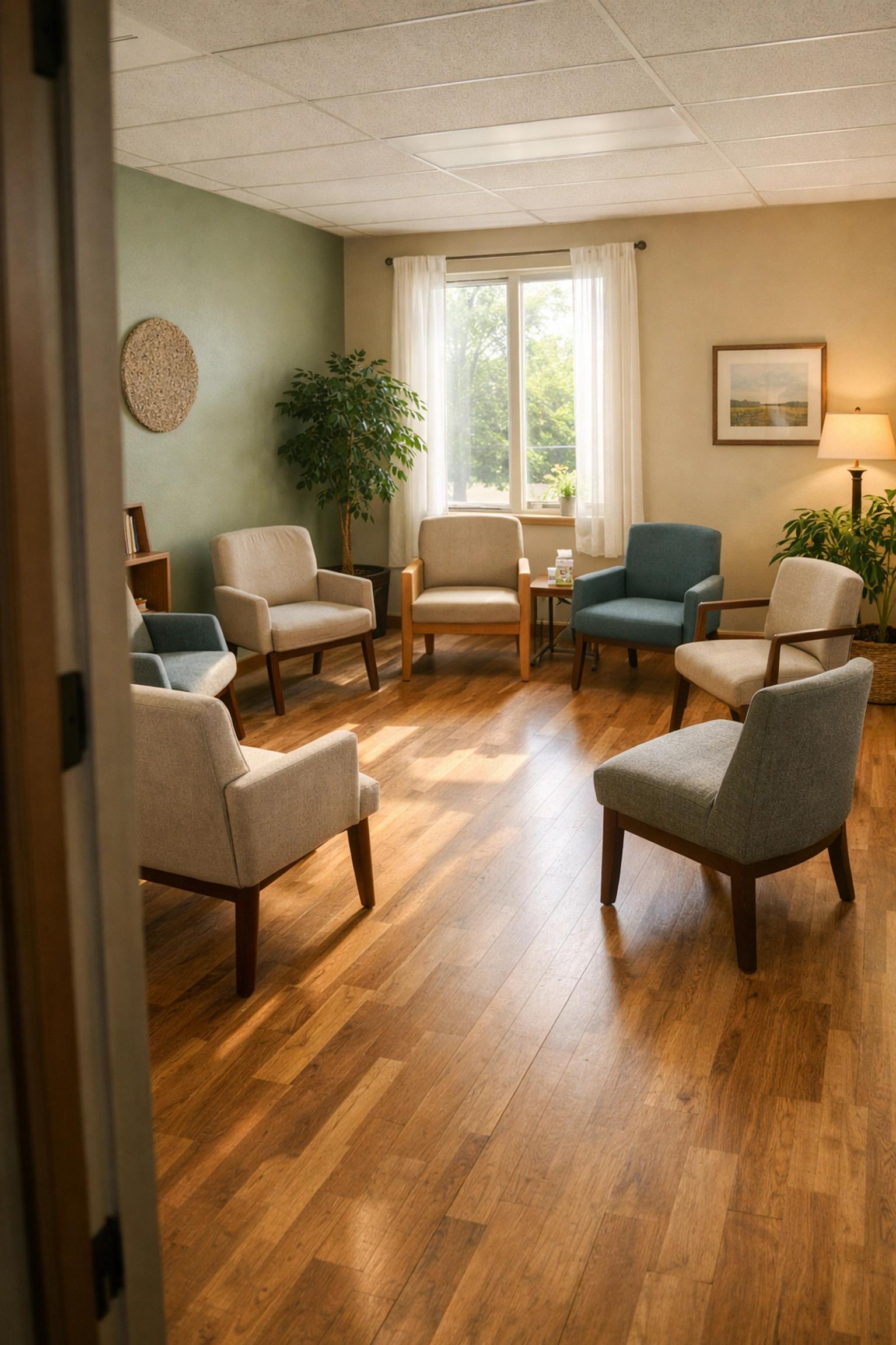 Welcoming behavioral health treatment facility group therapy room with natural lighting