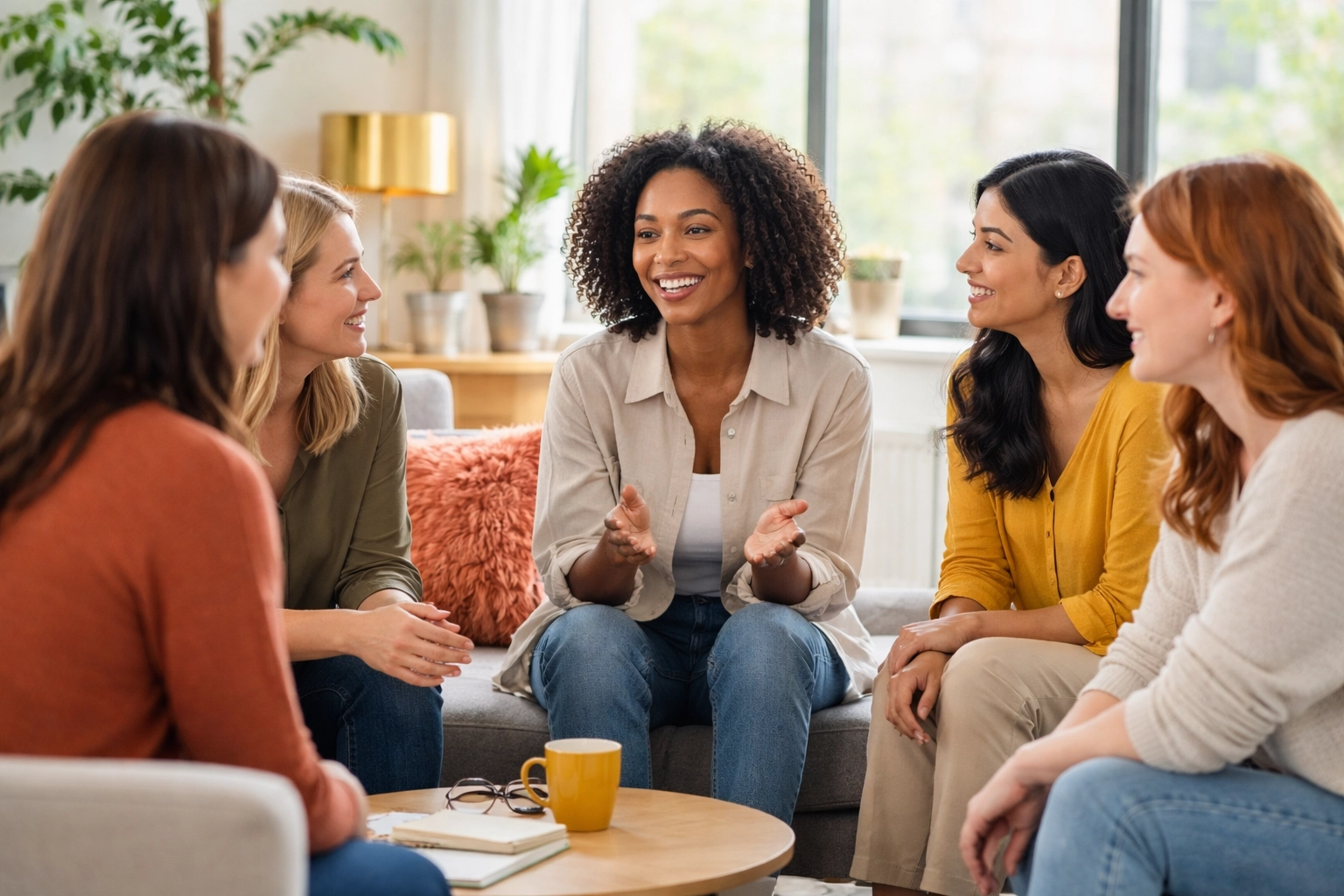 Supportive discussion among diverse women in an office, highlighting agency guidance for Wisconsin surrogacy.