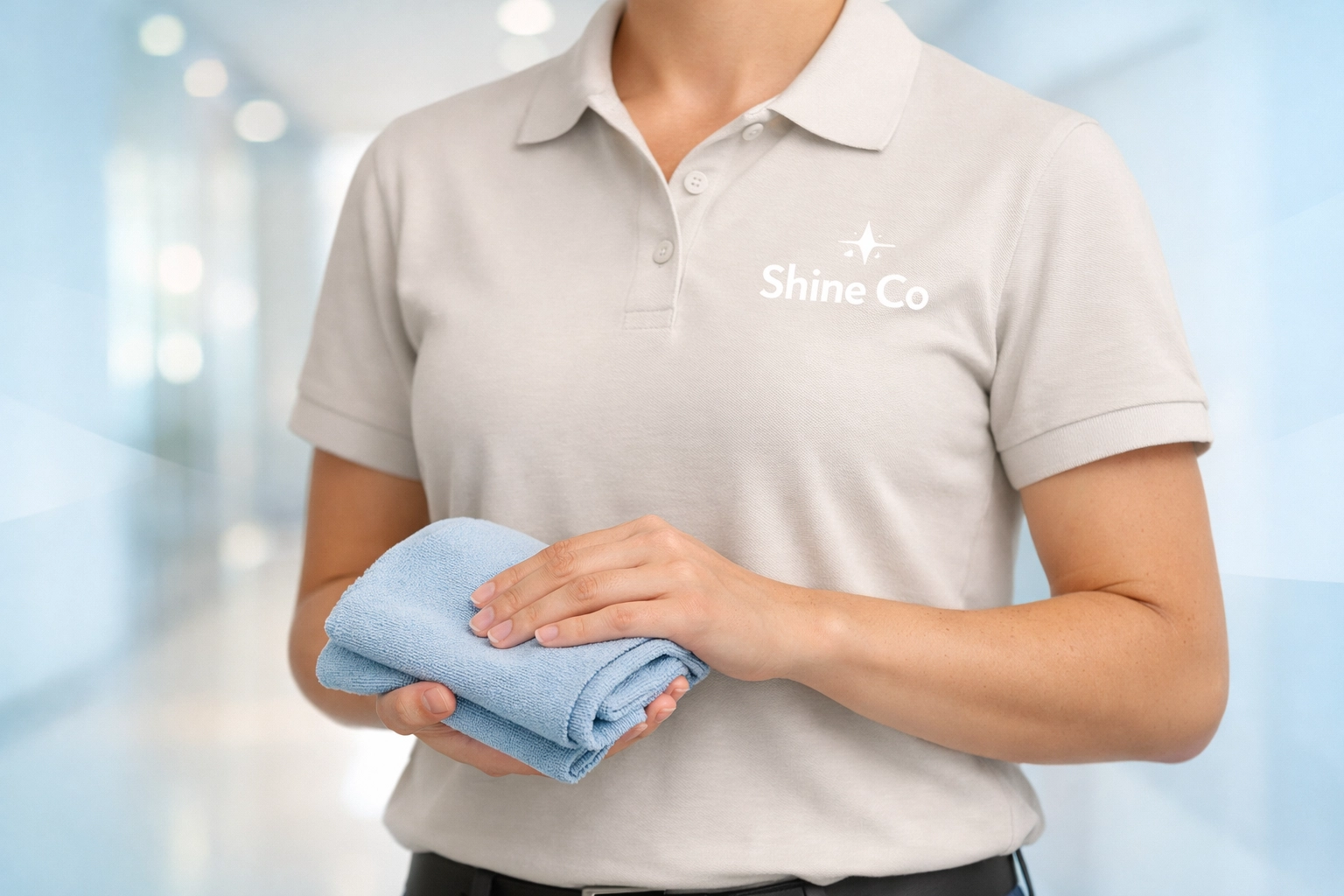 A uniformed Shine Co professional holding a microfiber cloth in a clean, modern office hallway.