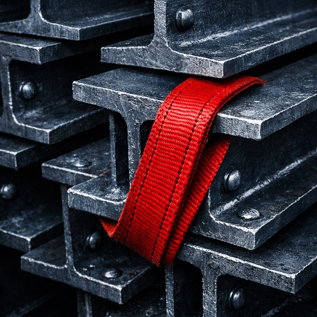 Close-up of stacked steel I-beams at a construction site, reflecting rising costs in the housing market.