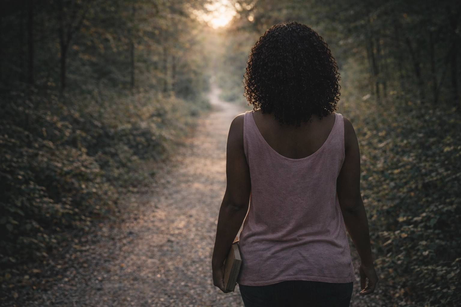 Woman walking freely on peaceful path, representing the journey of trusting yourself