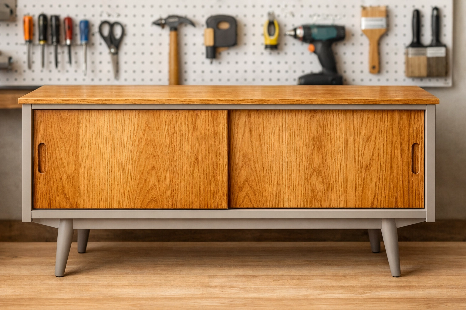 Hybrid furniture flip featuring a stone-colored body and natural oak wood grain sideboard.