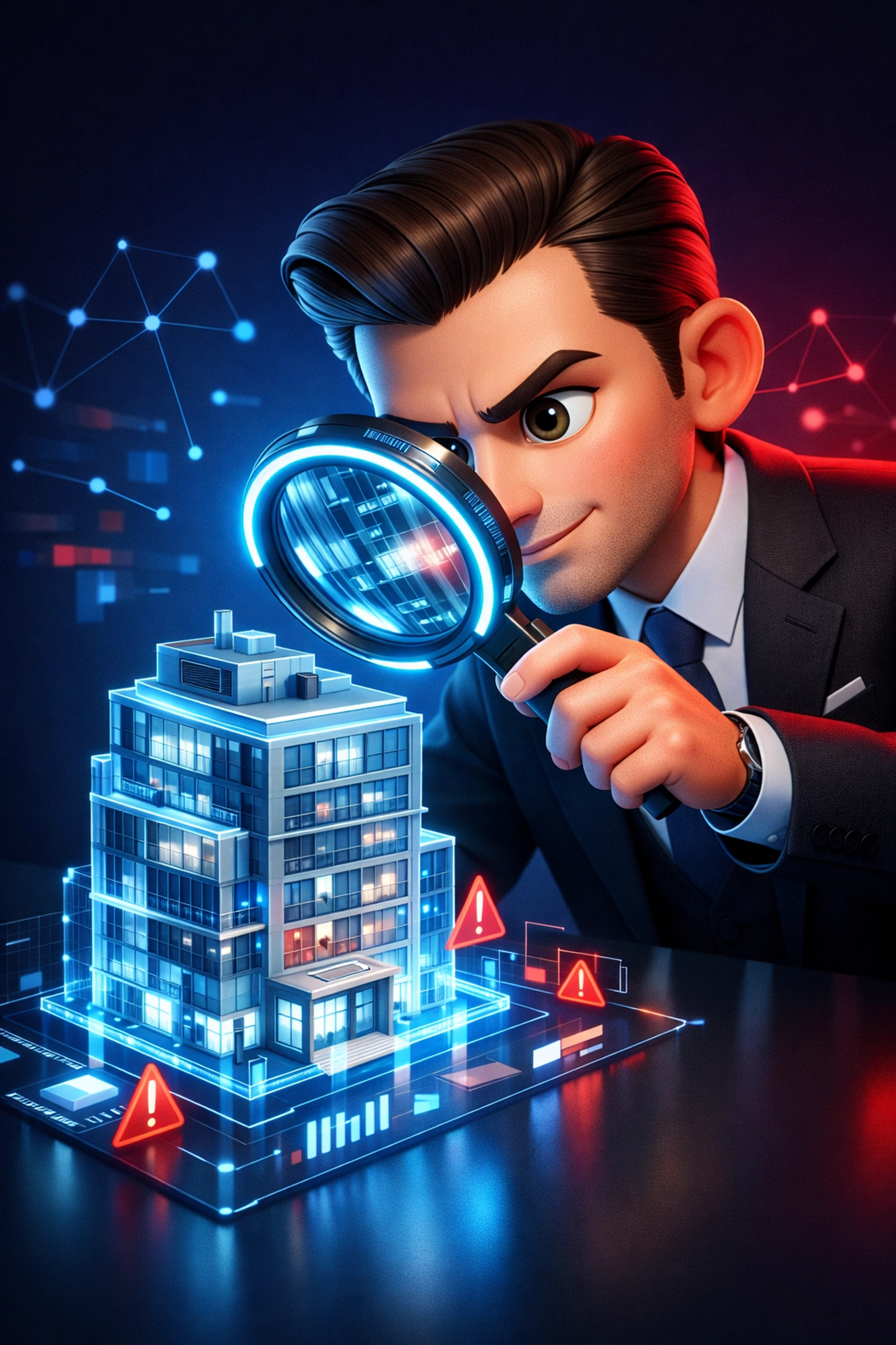 Insurance expert conducting a detailed risk assessment audit on a commercial property model.