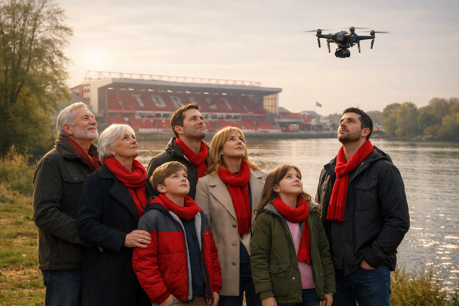 Family at an ashes scattering ceremony by the River Trent near the Nottingham Forest City Ground stadium.