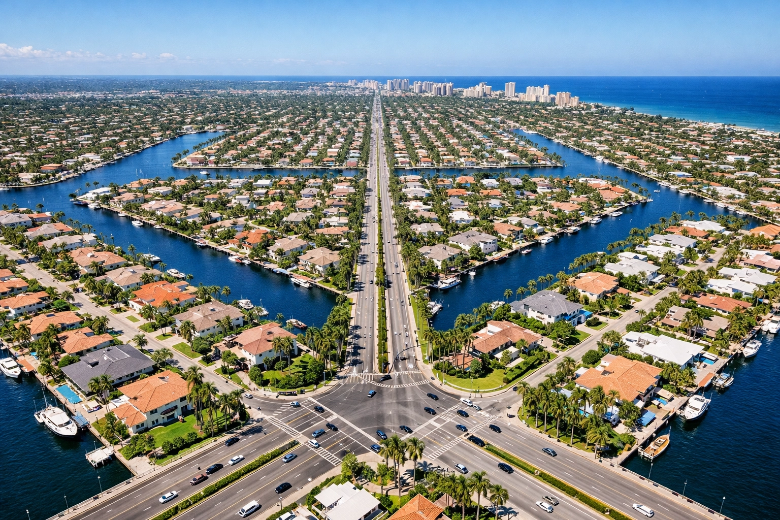 Aerial view of Cape Coral quadrants and the city's unique navigable canal system.