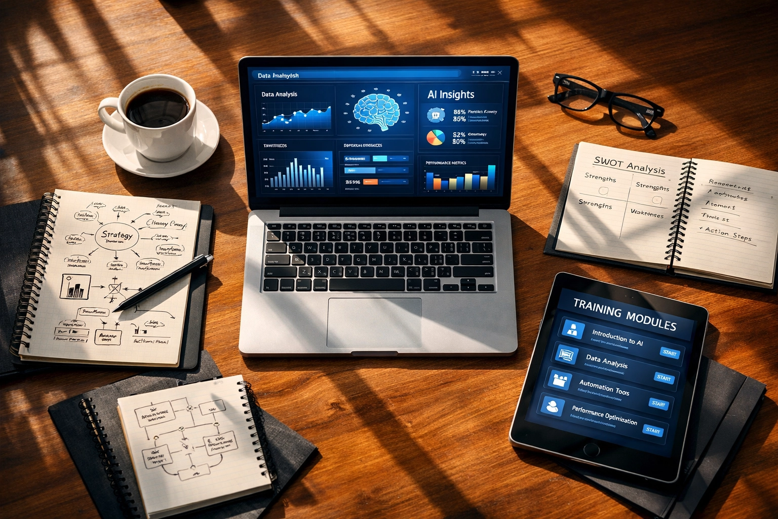 Strategic AI planning workspace with analytics dashboards and training materials for business growth