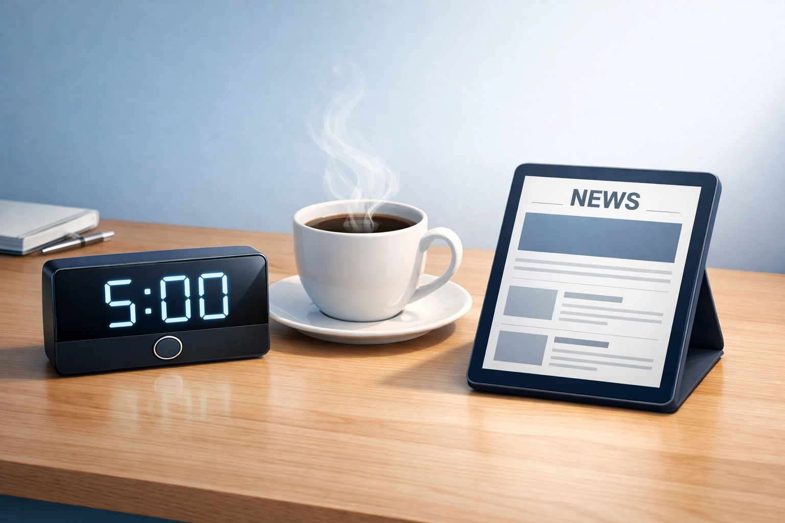 Timer showing 5 minutes next to coffee and news tablet illustrating the five-minute morning brief rule