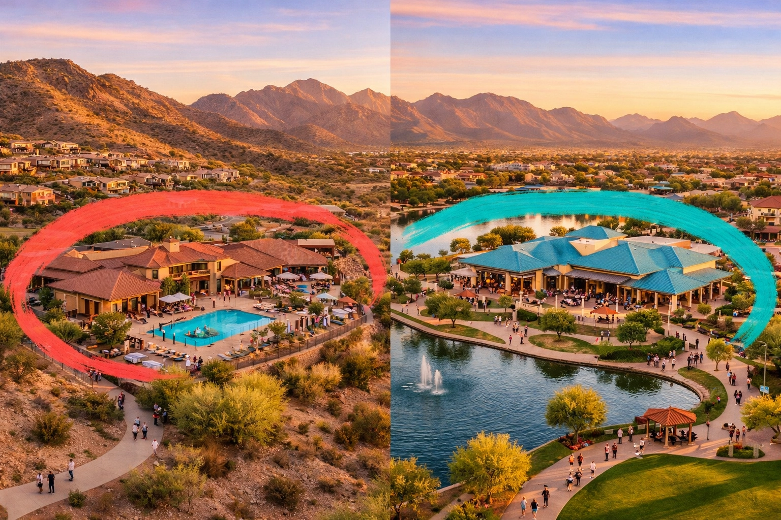 Aerial view comparing Victory at Verrado hillside community and CantaMia lakeside 55+ community in Arizona