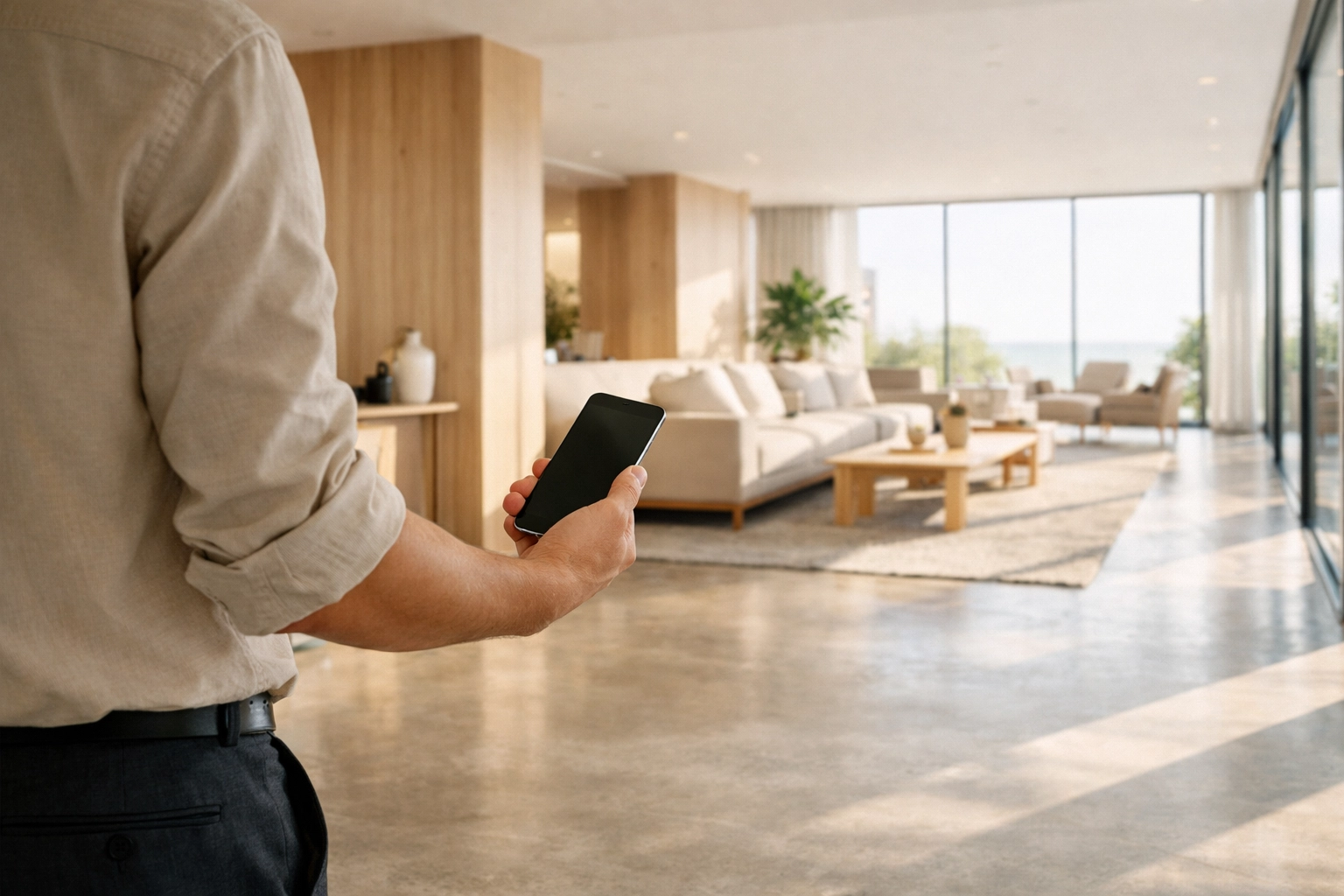 Guest using a mobile phone in a modern hotel lobby, showcasing seamless guest experience technology.