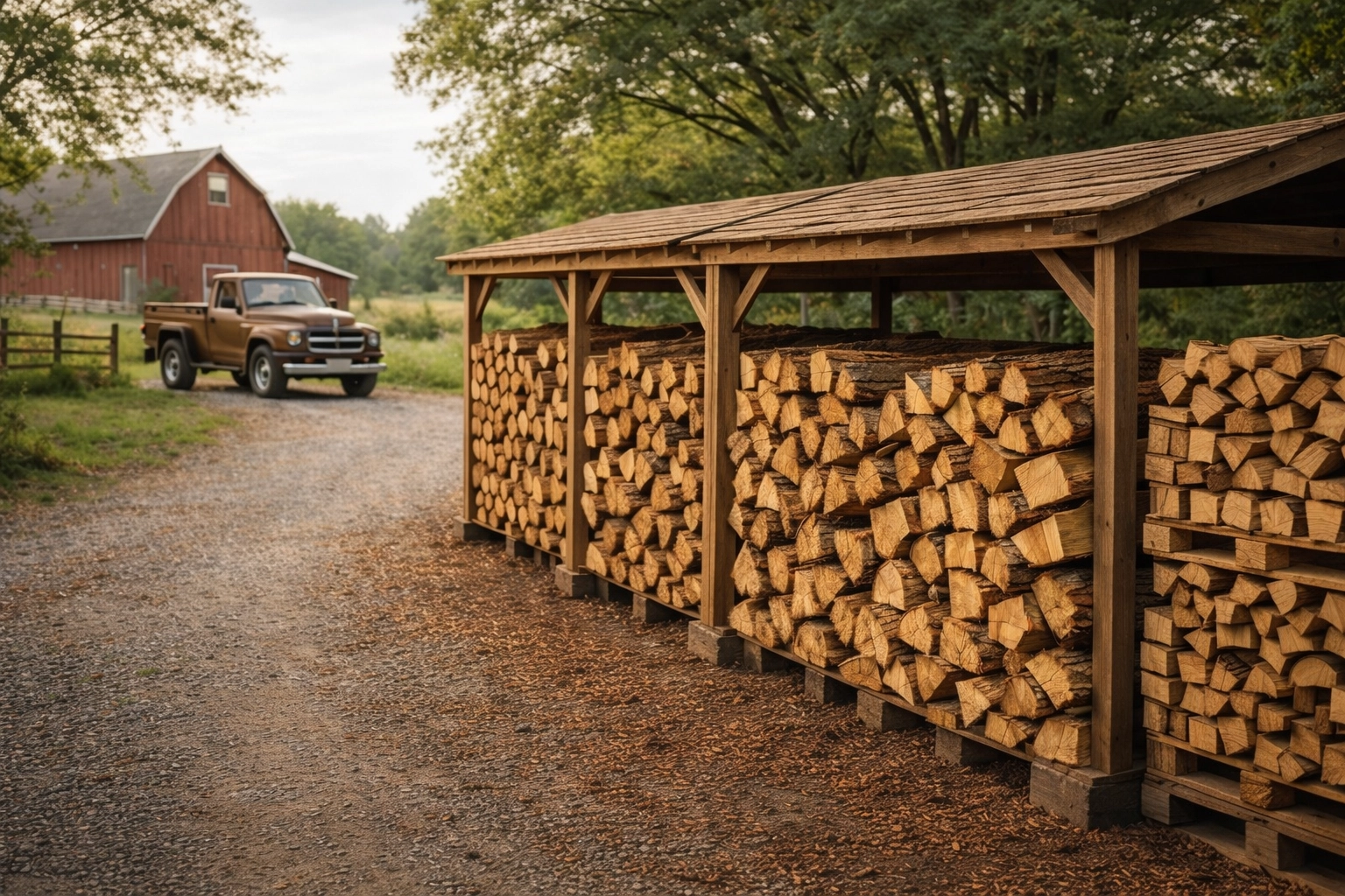 Neatly stacked seasoned firewood at the farm with a warm pickup/delivery vibe.
