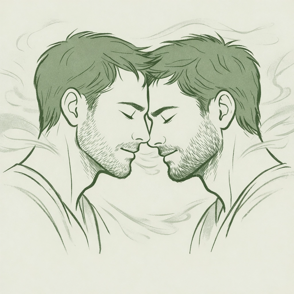 Literary MM romance emotional intimacy: two men breathing together, foreheads touching