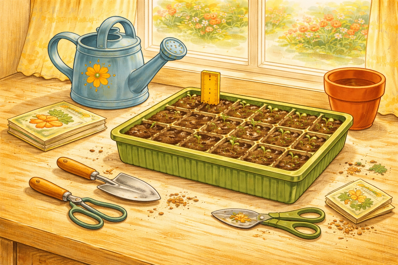 Whimsical storybook illustration of seed-starting trays by a sunny window with simple garden tools and a blank notebook
