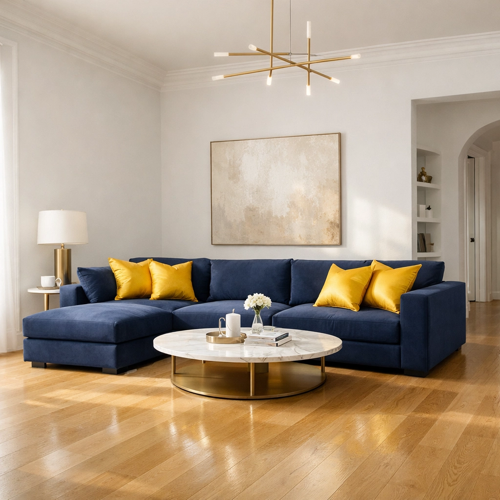 Clean living room with navy sofa showing the results of professional cleaners Ayer MA.