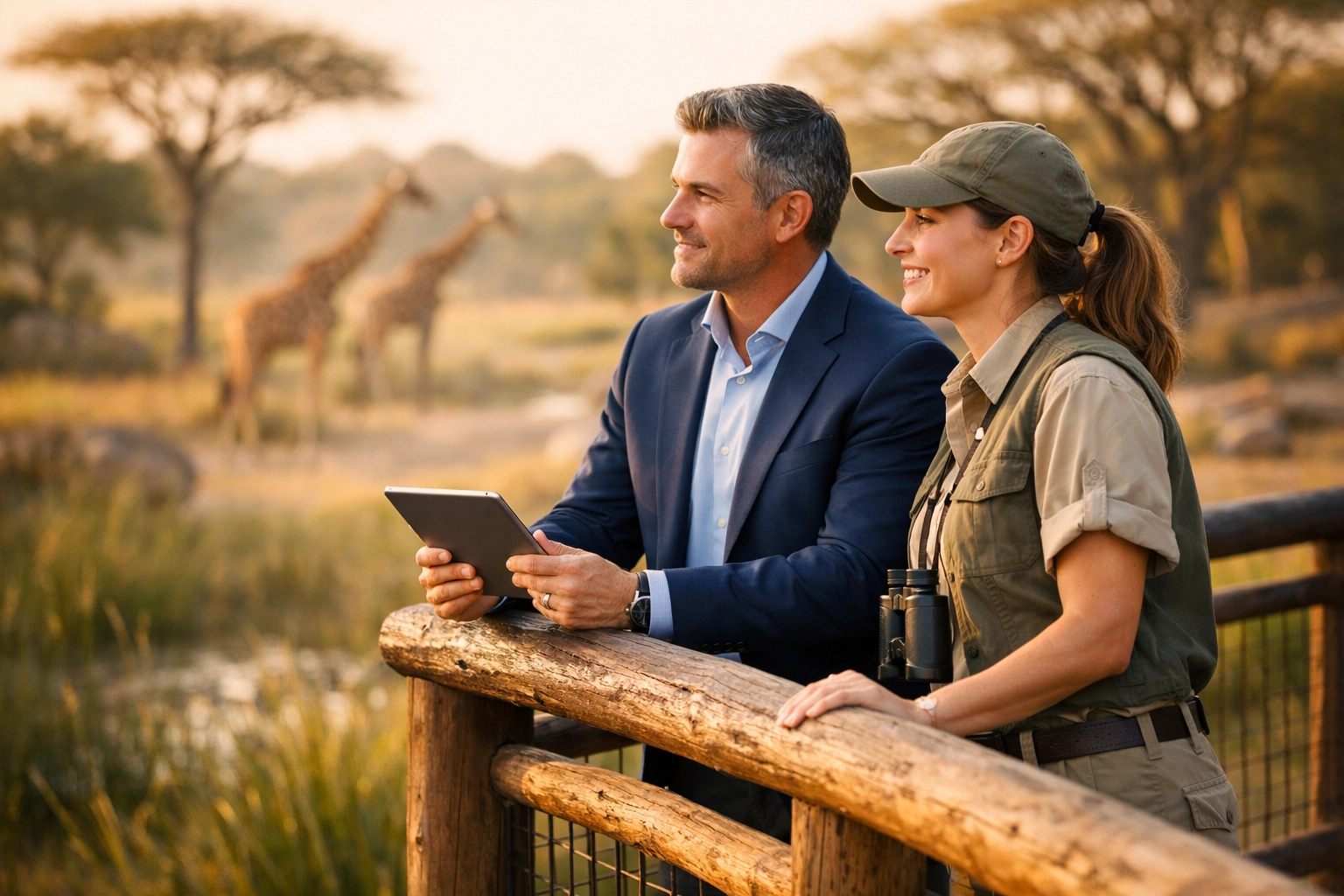 Corporate partner and zoo expert collaborating on conservation initiatives overlooking a giraffe habitat.
