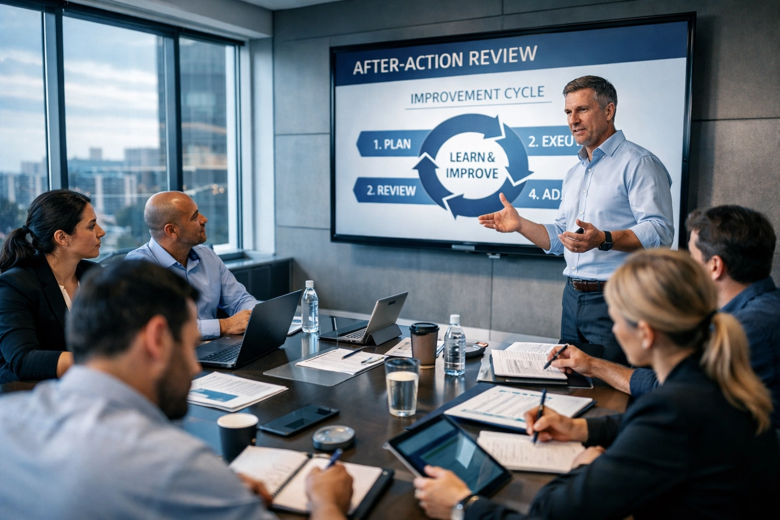 Fortune 500 emergency management training session with team conducting after-action review