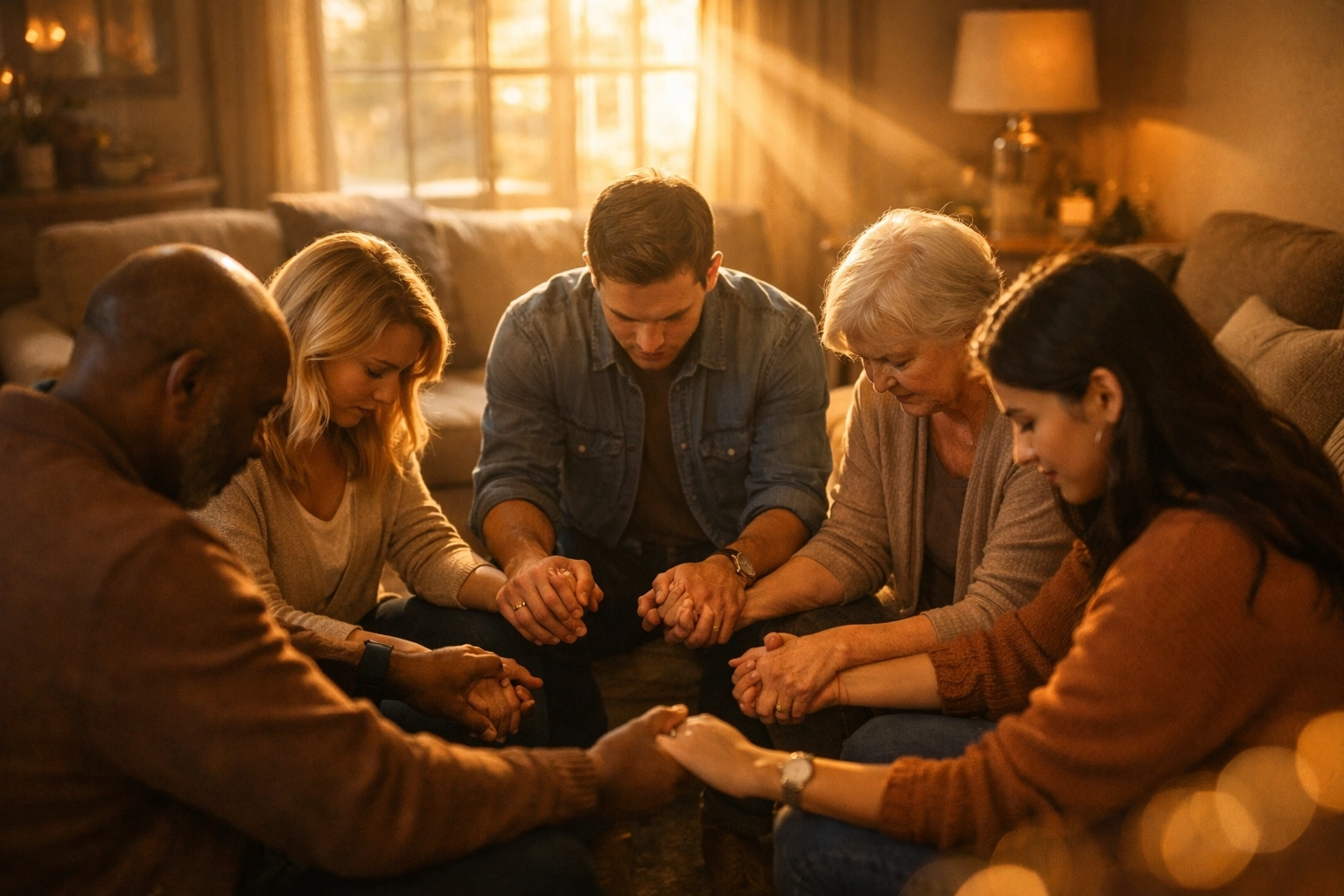 Diverse group of believers praying together in circle choosing peace over panic
