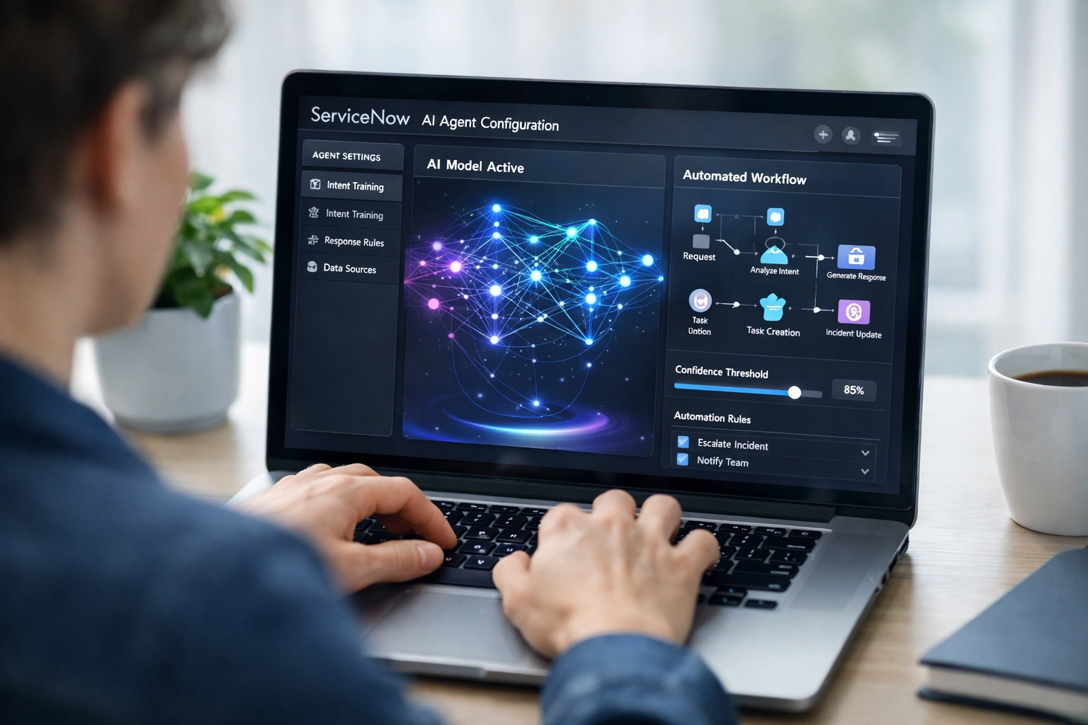 ServiceNow administrator configuring Now Assist AI agents on laptop in modern workspace