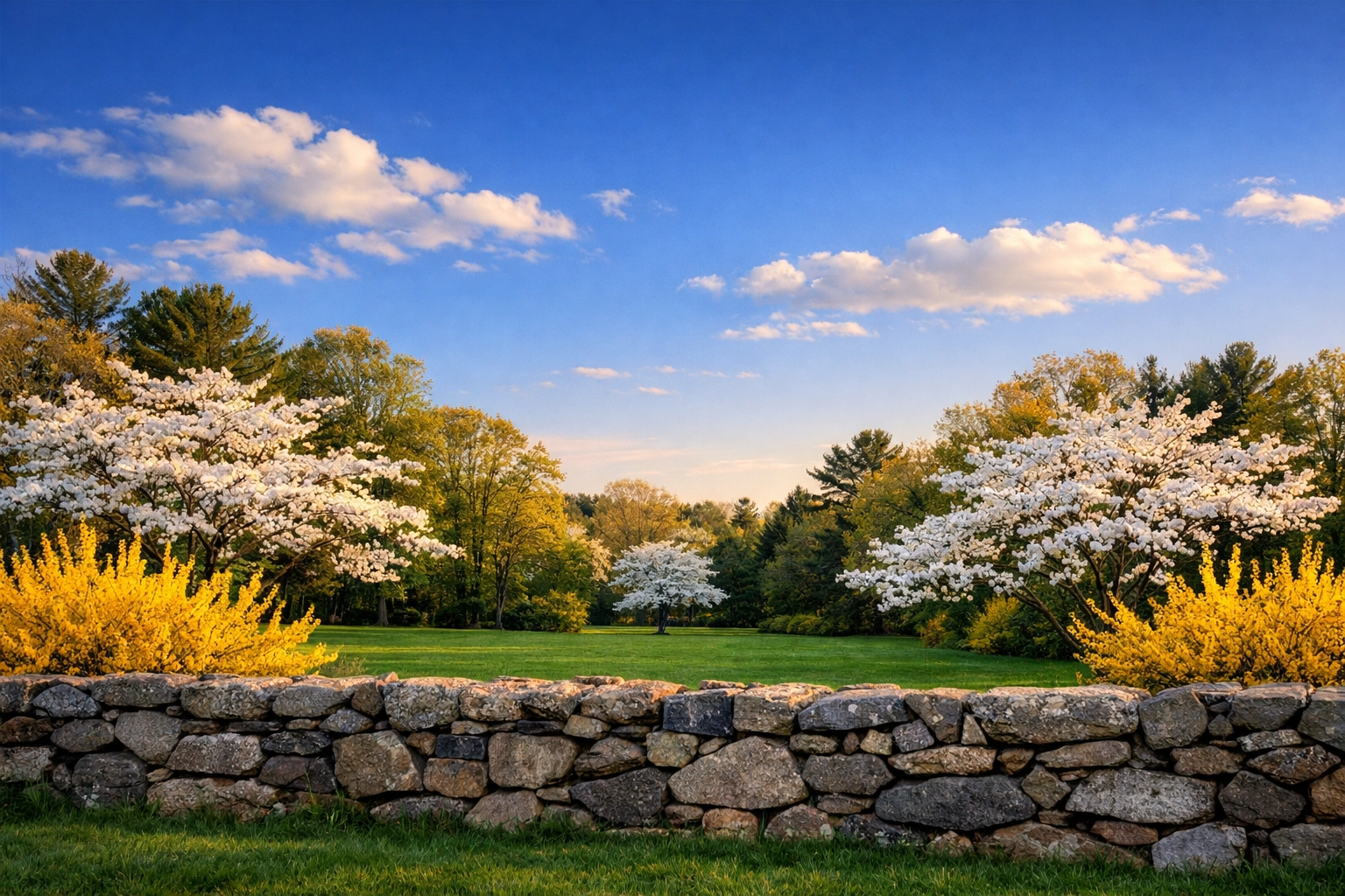Scenic Westwood Luxury Living property view with traditional Massachusetts stone walls at sunset.