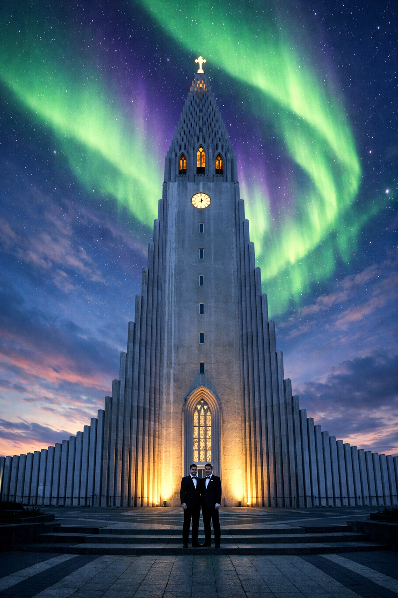 Gay couple's Lutheran wedding at iconic Hallgrímskirkja church with northern lights over Reykjavik Iceland