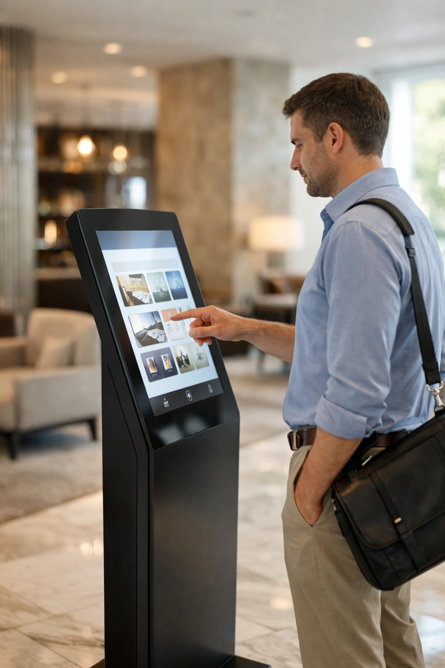Hotel guest using an interactive digital signage kiosk for wayfinding and information in a luxury lobby.