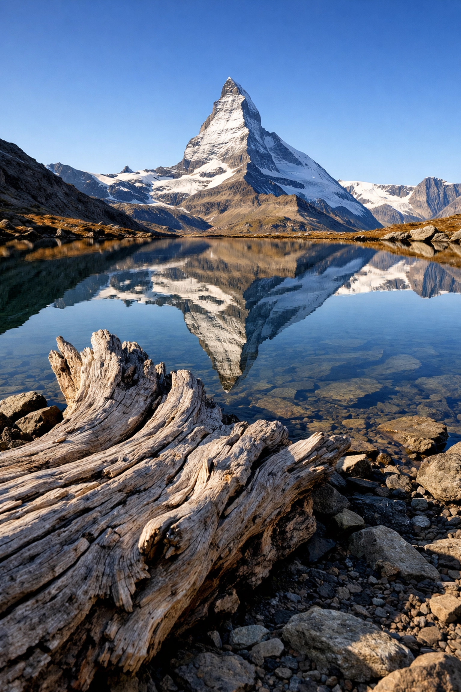 Wide-angle landscape photography using driftwood in the foreground to create depth and scale.