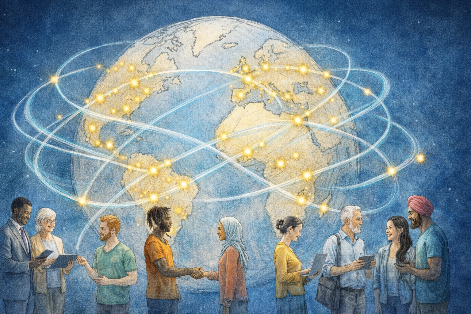 Global map with connected points representing a diverse online church community sharing the Gospel worldwide.