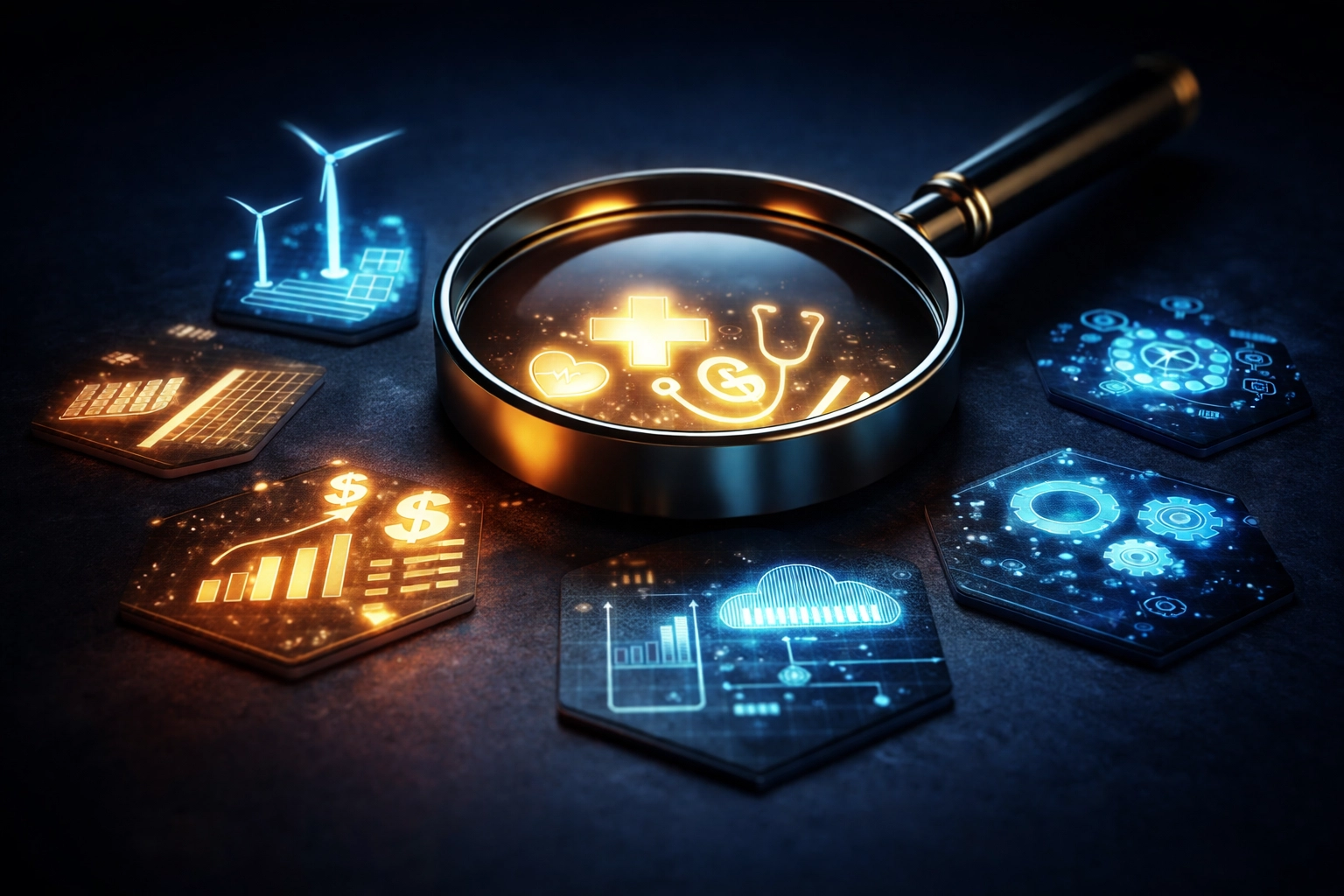 Magnifying glass highlighting sector icons for healthcare, tech, and energy in private equity portfolio diversification