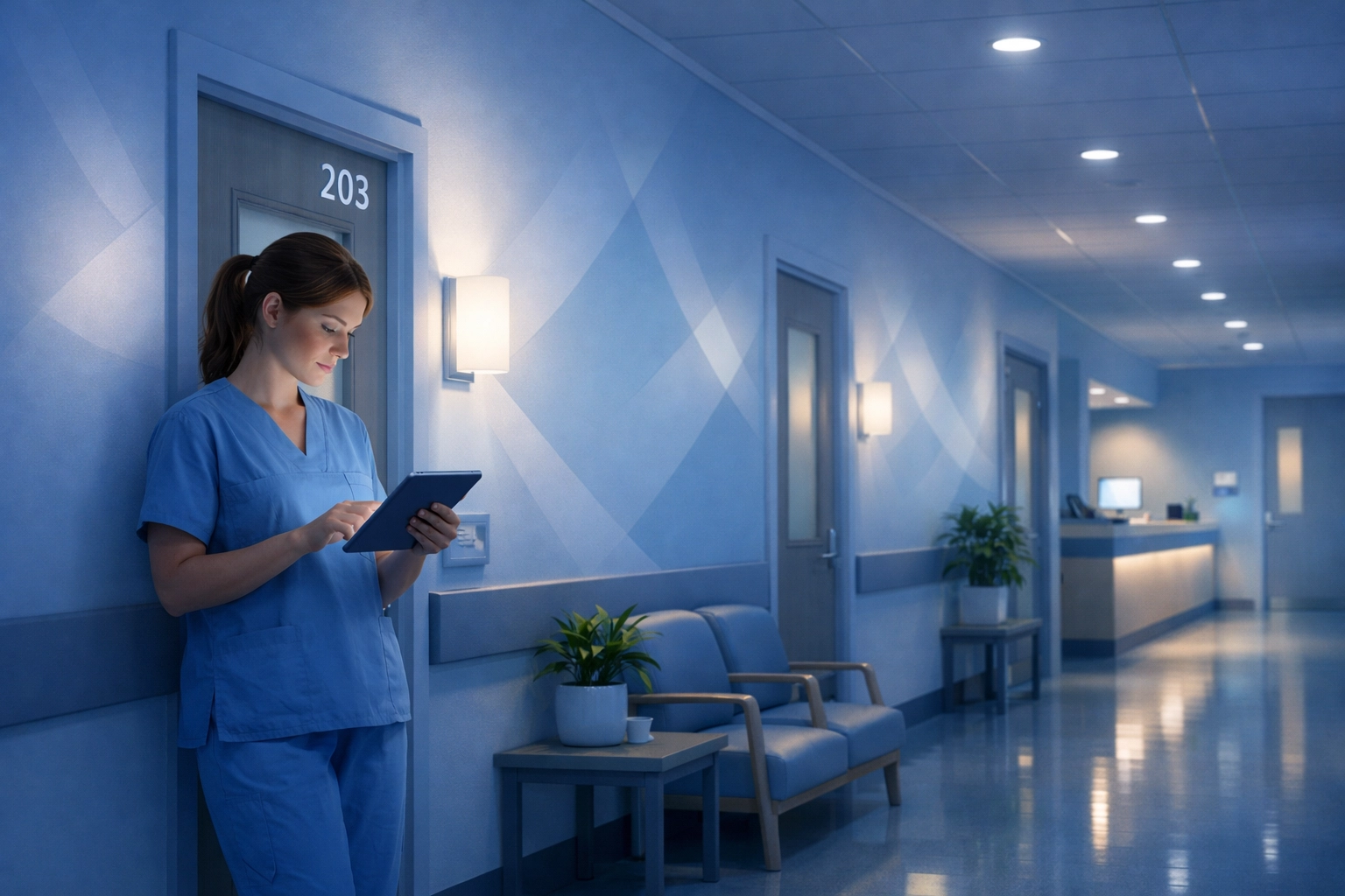 Nurse providing 24/7 overnight care in treatment center hallway monitoring patient rooms