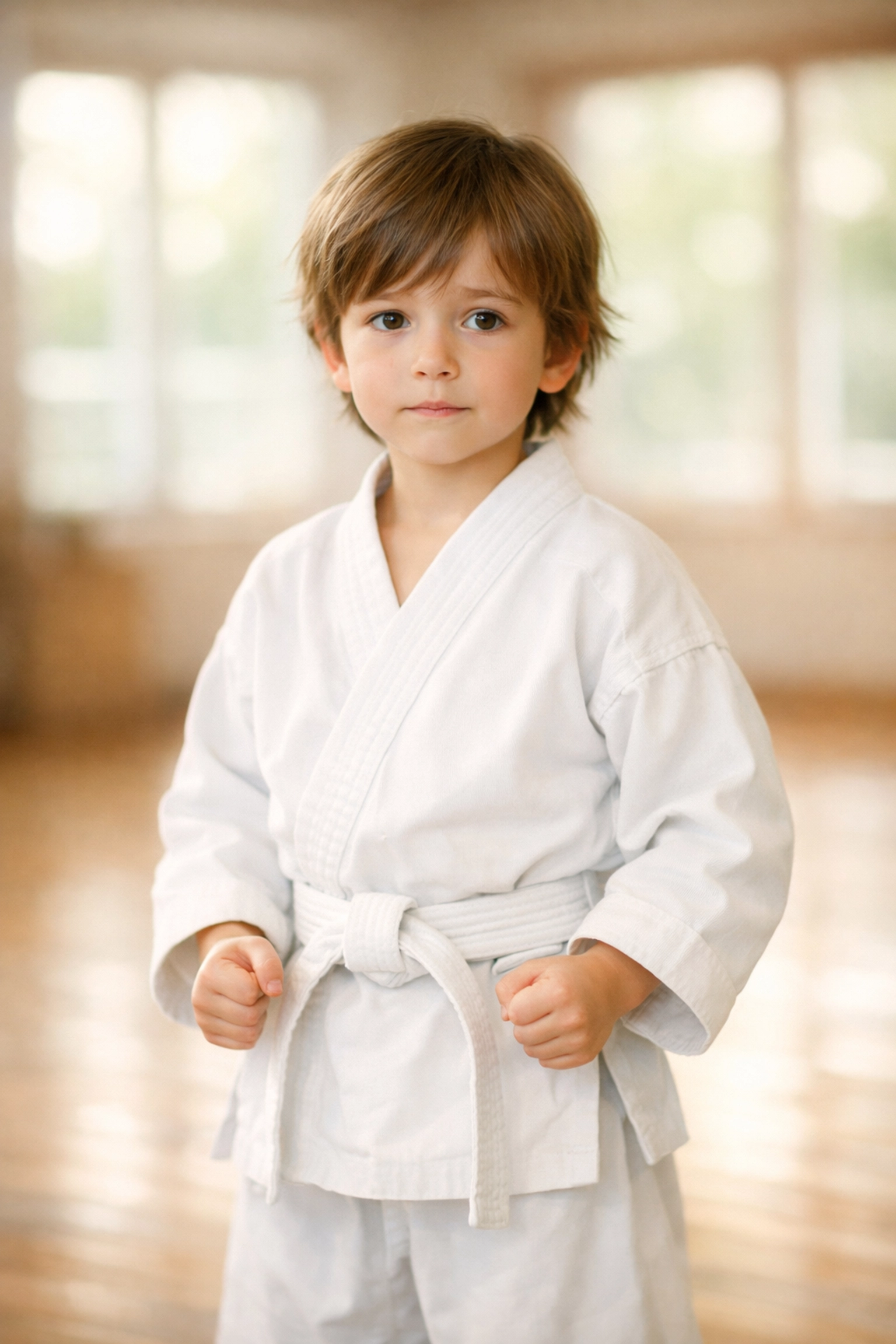 Young child in karate gi standing in ready stance at dojo in Helensburgh