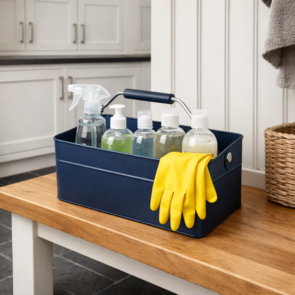 Professional eco-friendly cleaning supplies ready for a luxury Foxborough house cleaning service.