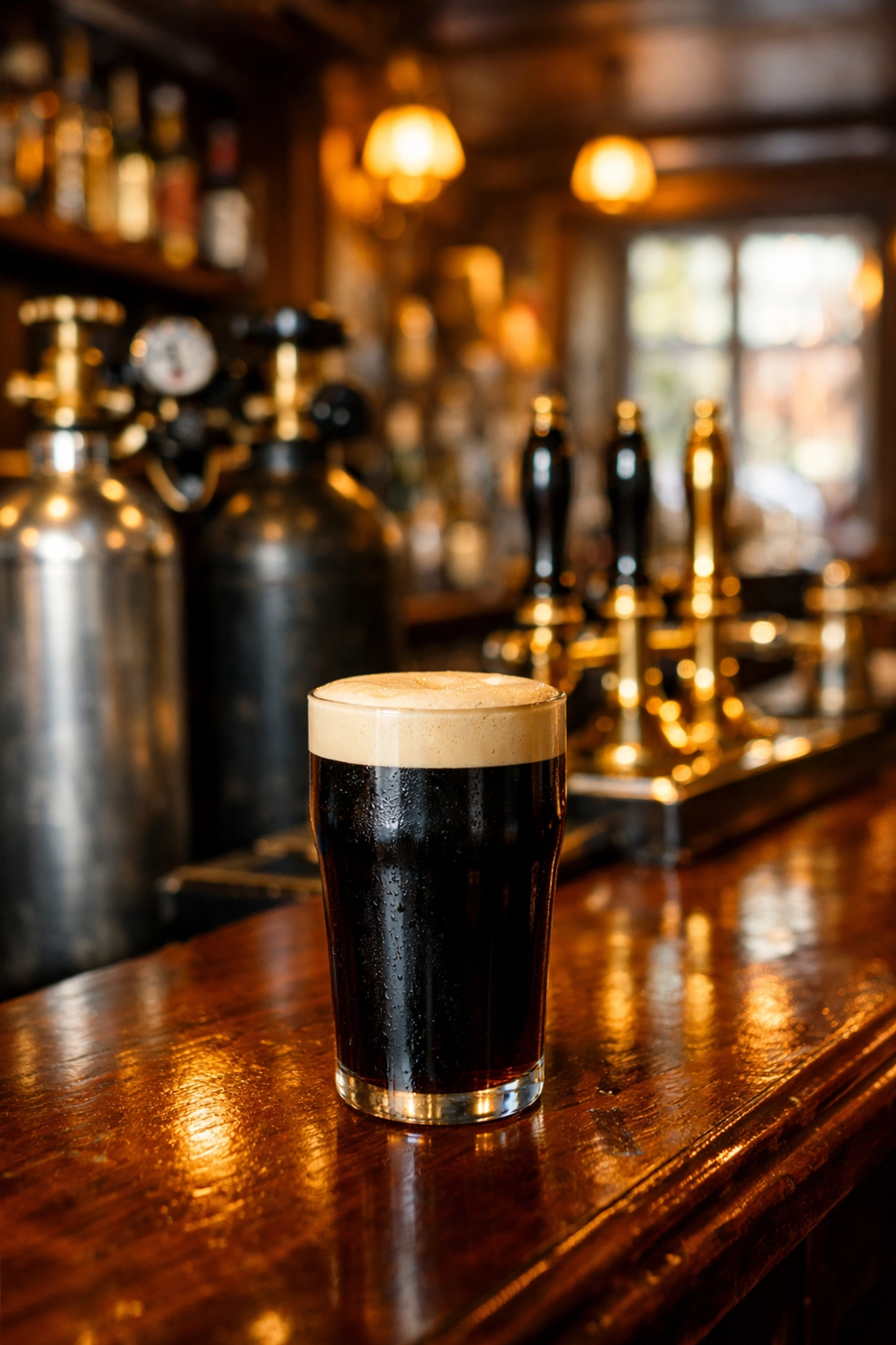 Beer gas cylinders and CO2 bottles behind bar with freshly poured pint in UK pub