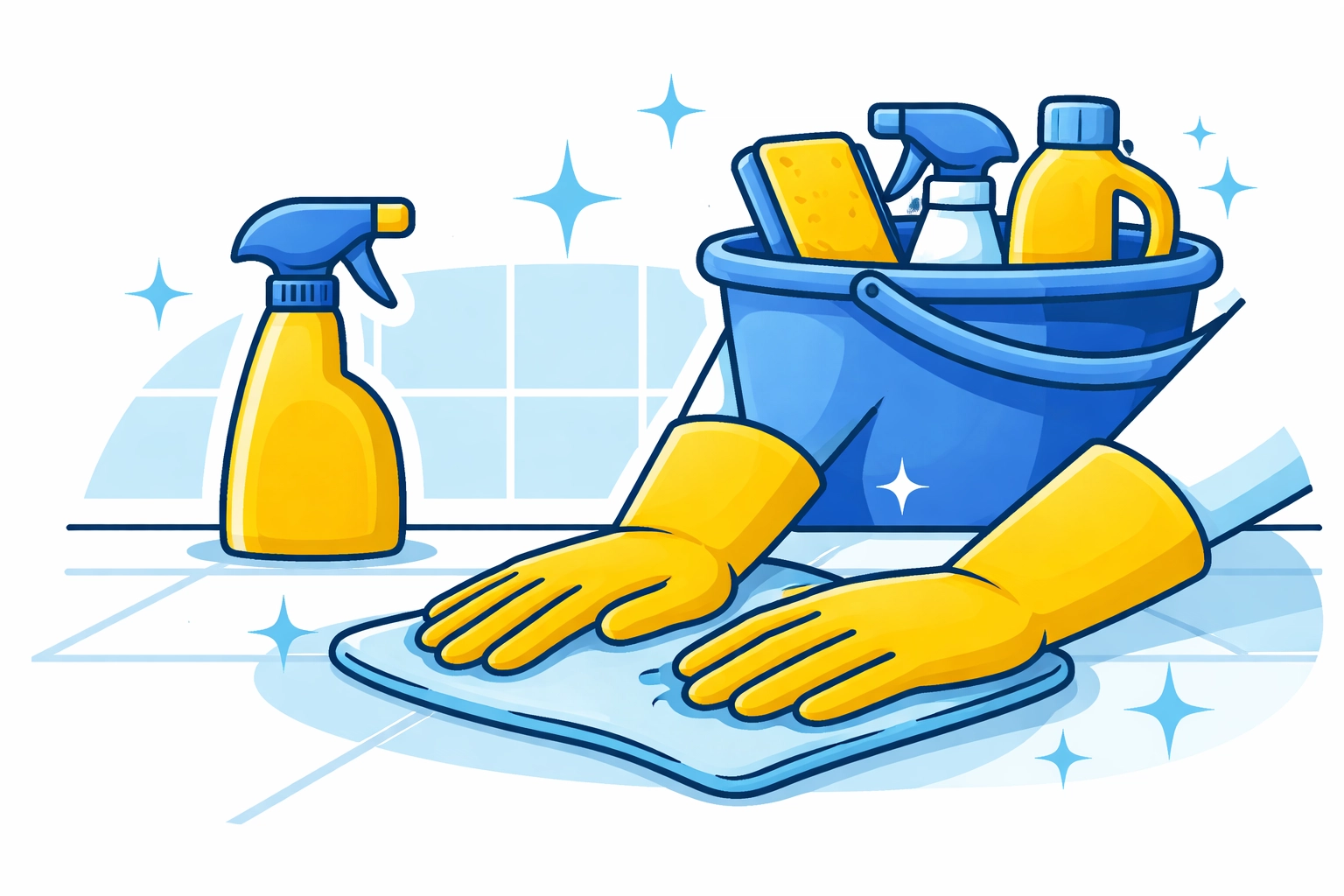 Illustration of gloved hands cleaning a surface with spray bottles, reinforcing thorough cleaning to prevent mold after water damage.